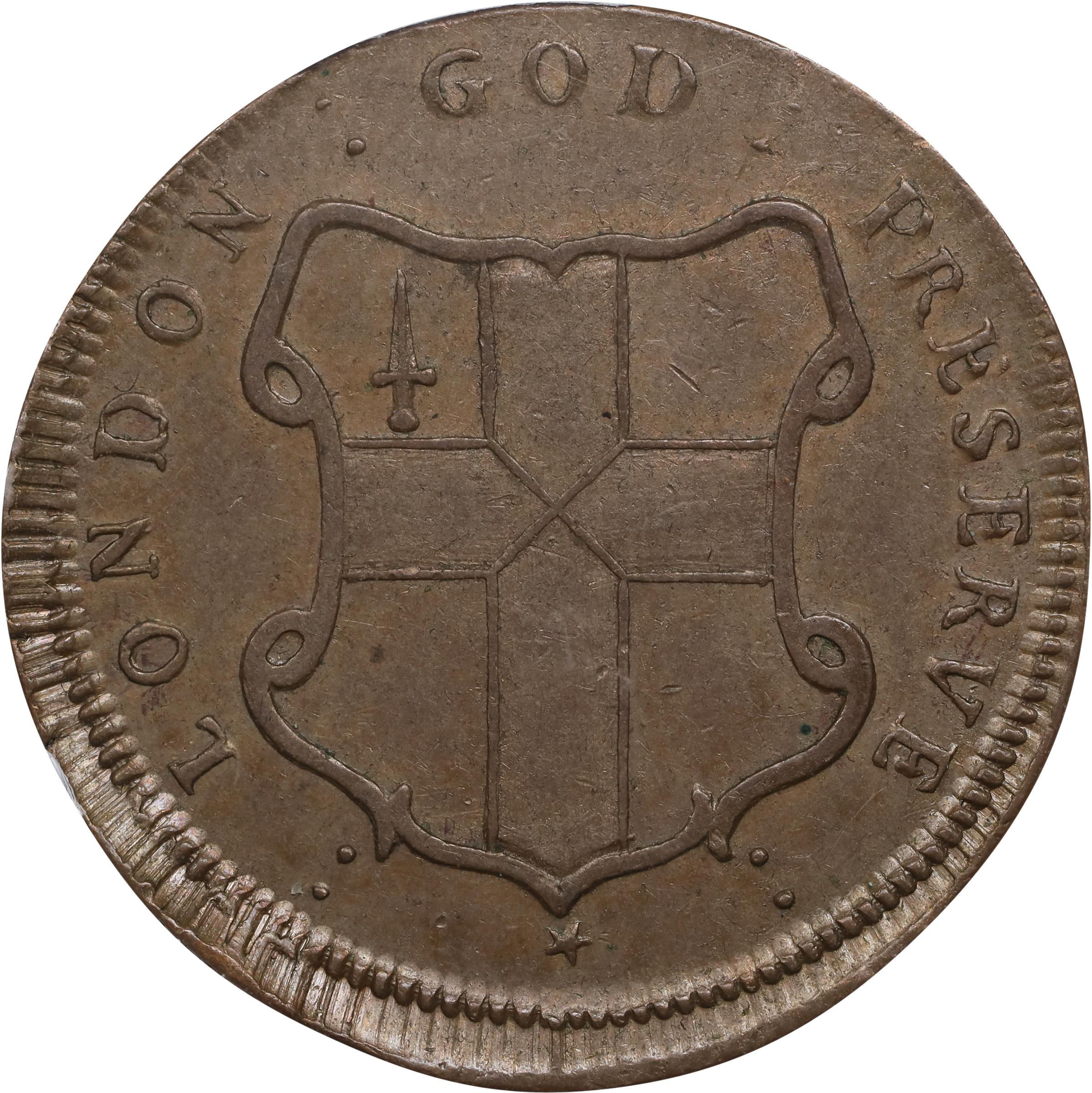 image for: Undated (ca. 1694) London Elephant Token. Hodder 1-A, W-12000. Rarity-6+. GOD PRESERVE LONDON. Diagonals in Center of Shield. AU-58 (PCGS).