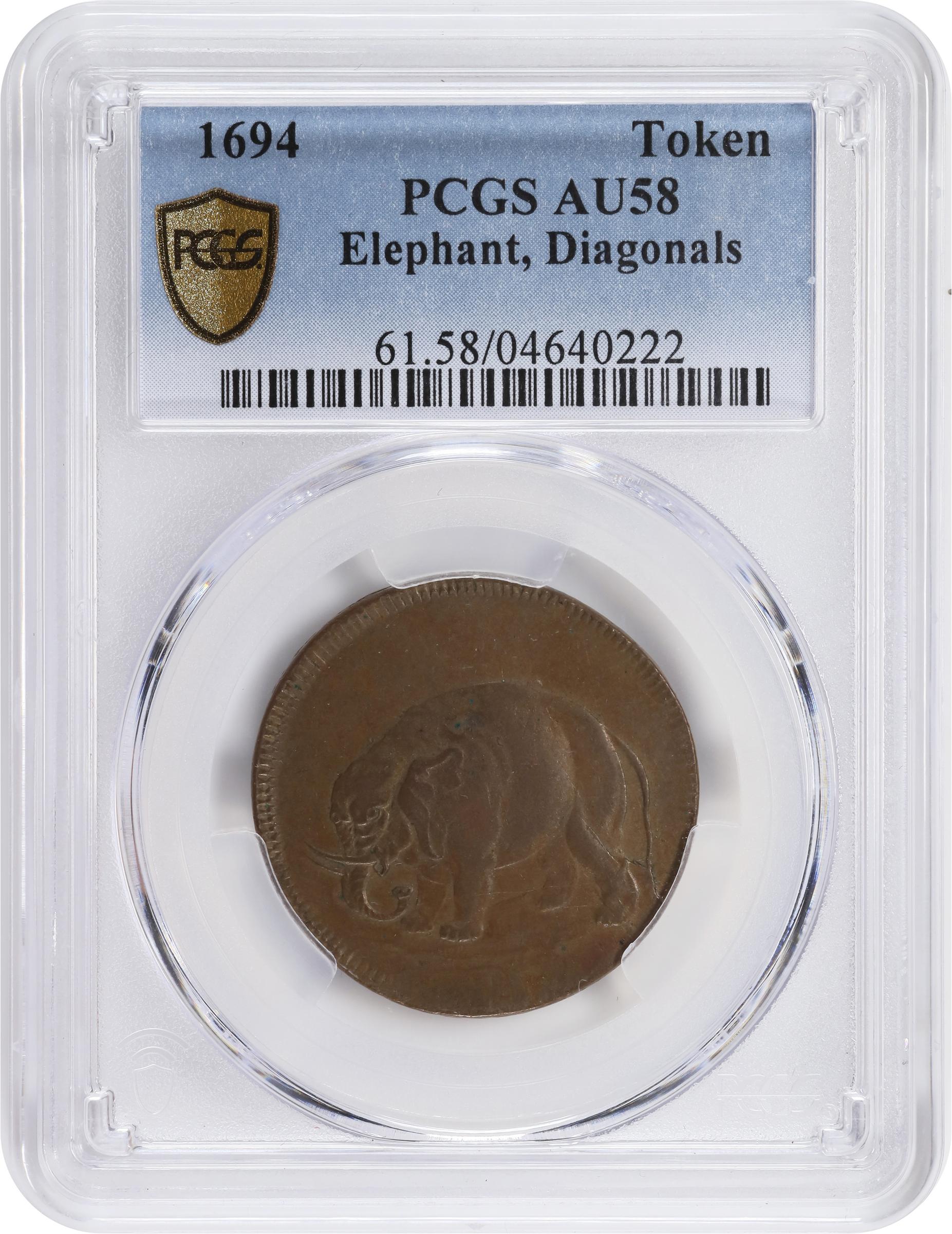 image for: Undated (ca. 1694) London Elephant Token. Hodder 1-A, W-12000. Rarity-6+. GOD PRESERVE LONDON. Diagonals in Center of Shield. AU-58 (PCGS).