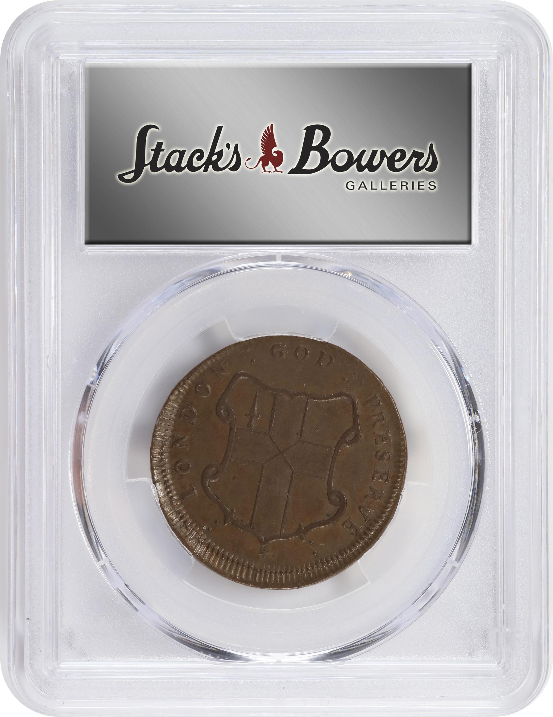 image for: Undated (ca. 1694) London Elephant Token. Hodder 1-A, W-12000. Rarity-6+. GOD PRESERVE LONDON. Diagonals in Center of Shield. AU-58 (PCGS).