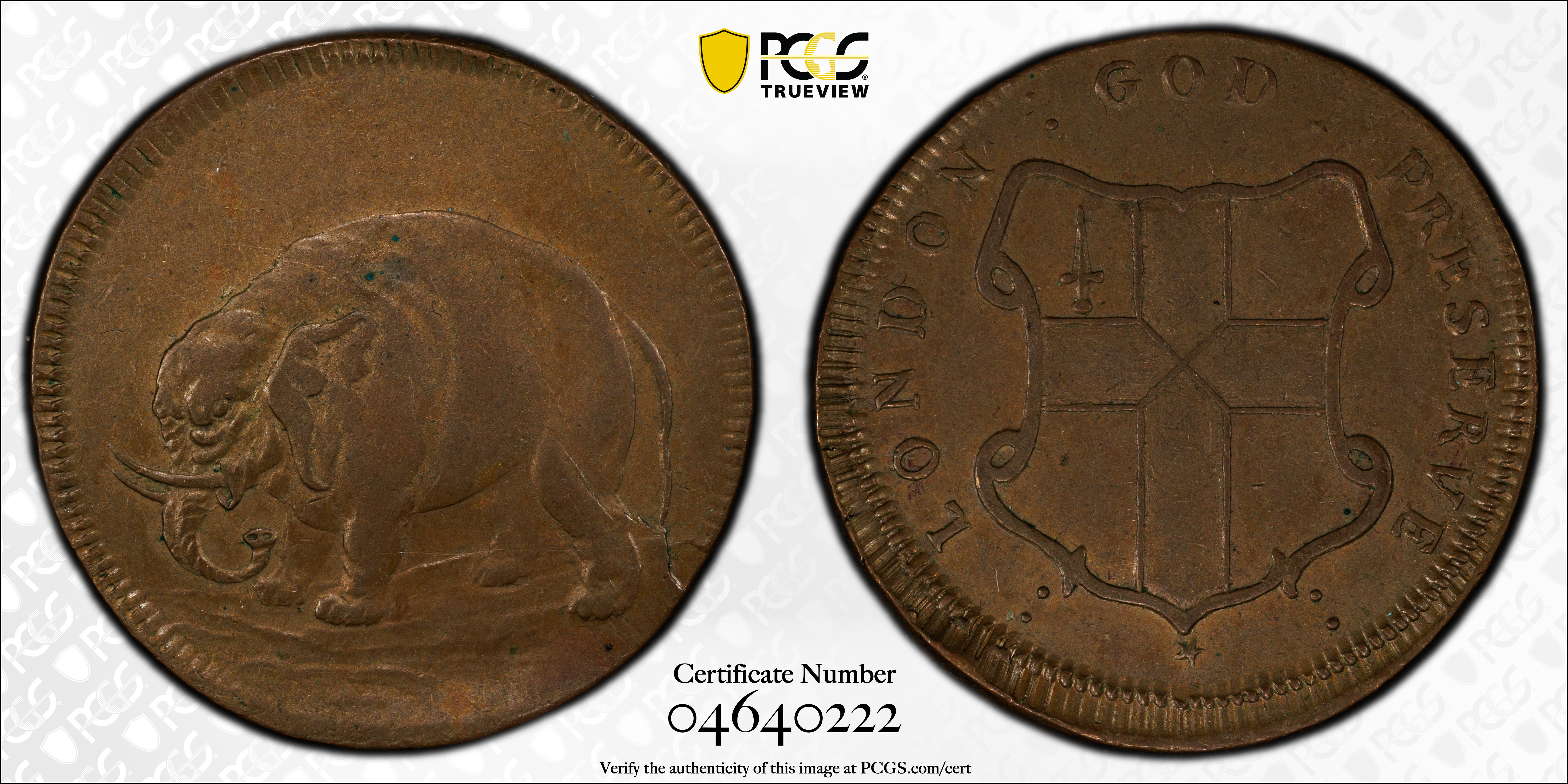 image for: Undated (ca. 1694) London Elephant Token. Hodder 1-A, W-12000. Rarity-6+. GOD PRESERVE LONDON. Diagonals in Center of Shield. AU-58 (PCGS).