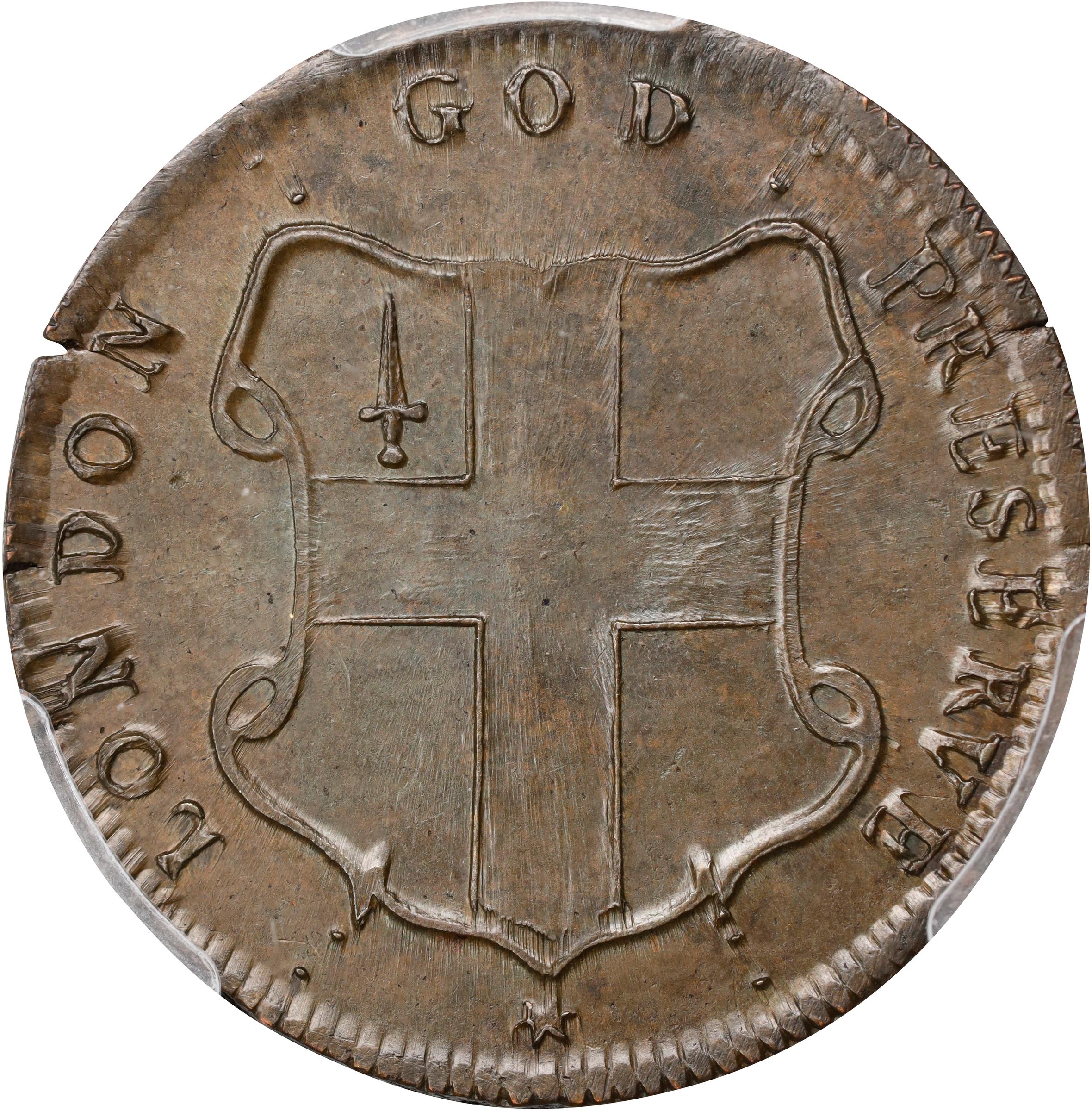 image for: Undated (ca. 1694) London Elephant Token. Hodder 2-B, W-12040. Rarity-5. GOD PRESERVE LONDON. Thin Planchet. MS-63 BN (PCGS).