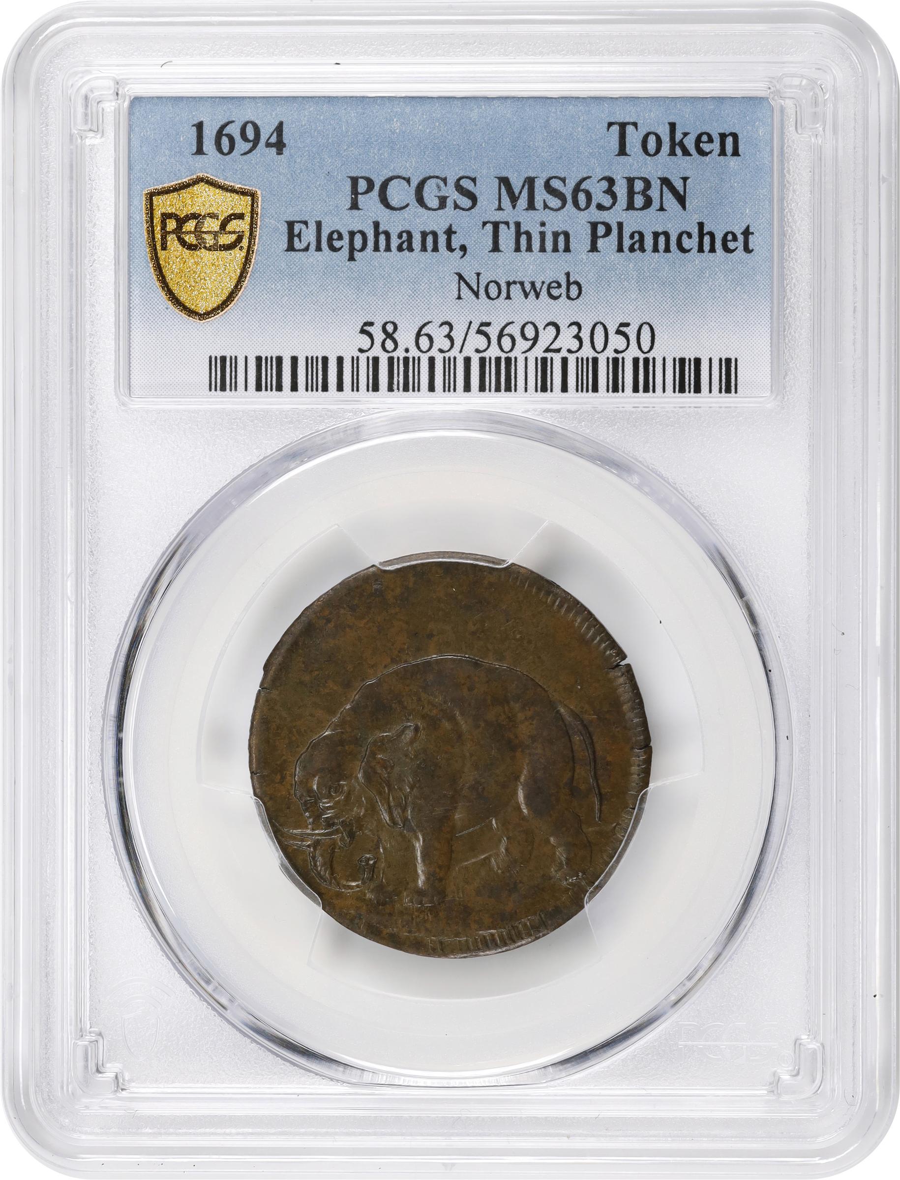 image for: Undated (ca. 1694) London Elephant Token. Hodder 2-B, W-12040. Rarity-5. GOD PRESERVE LONDON. Thin Planchet. MS-63 BN (PCGS).