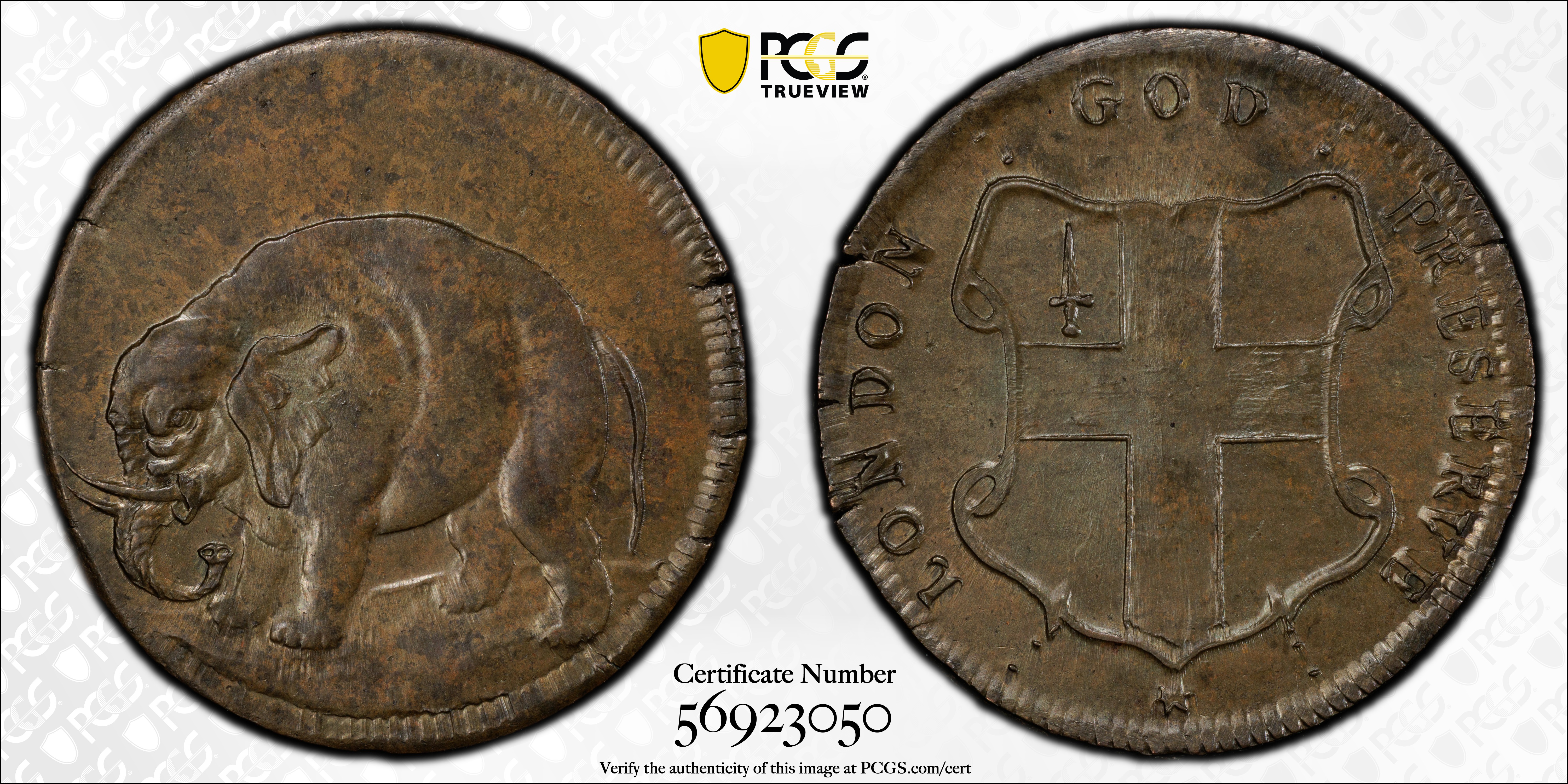image for: Undated (ca. 1694) London Elephant Token. Hodder 2-B, W-12040. Rarity-5. GOD PRESERVE LONDON. Thin Planchet. MS-63 BN (PCGS).