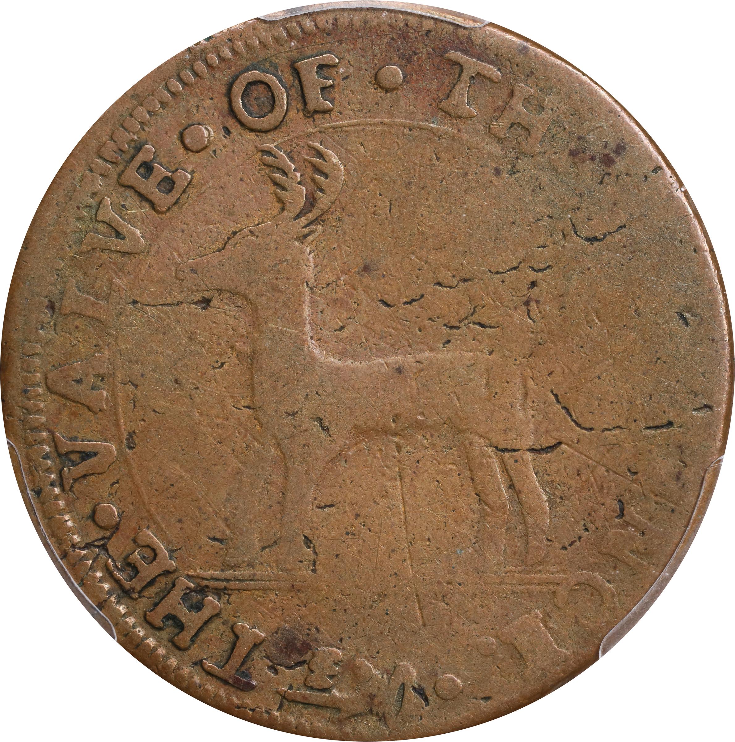 image for: 1737 Higley Copper. Freidus 1.3-A, W-8125. Rarity-7+. THE VALVE OF THREE PENCE / CONNECTICVT, 3 Hammers. VF-20 (PCGS).