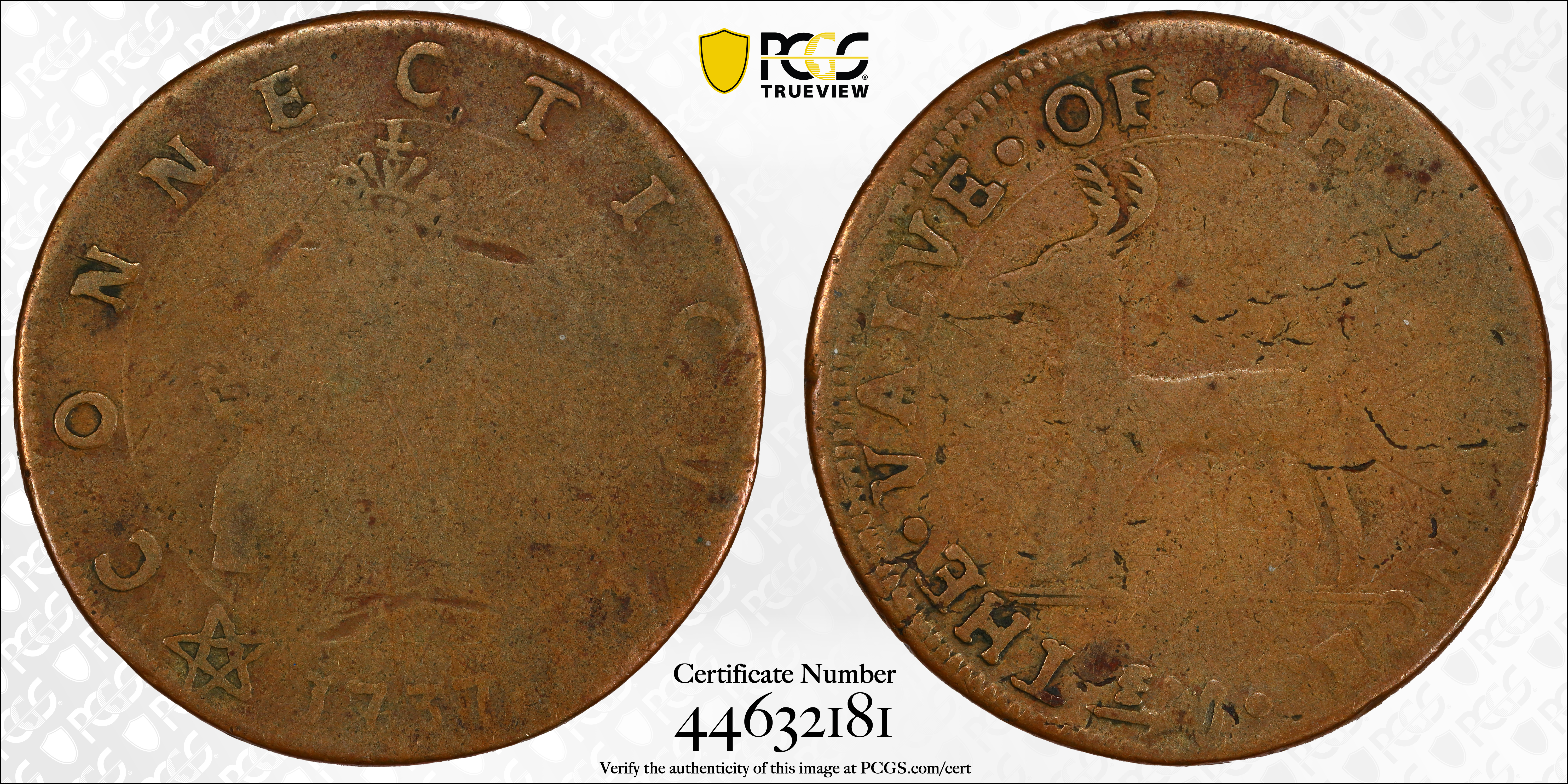 image for: 1737 Higley Copper. Freidus 1.3-A, W-8125. Rarity-7+. THE VALVE OF THREE PENCE / CONNECTICVT, 3 Hammers. VF-20 (PCGS).