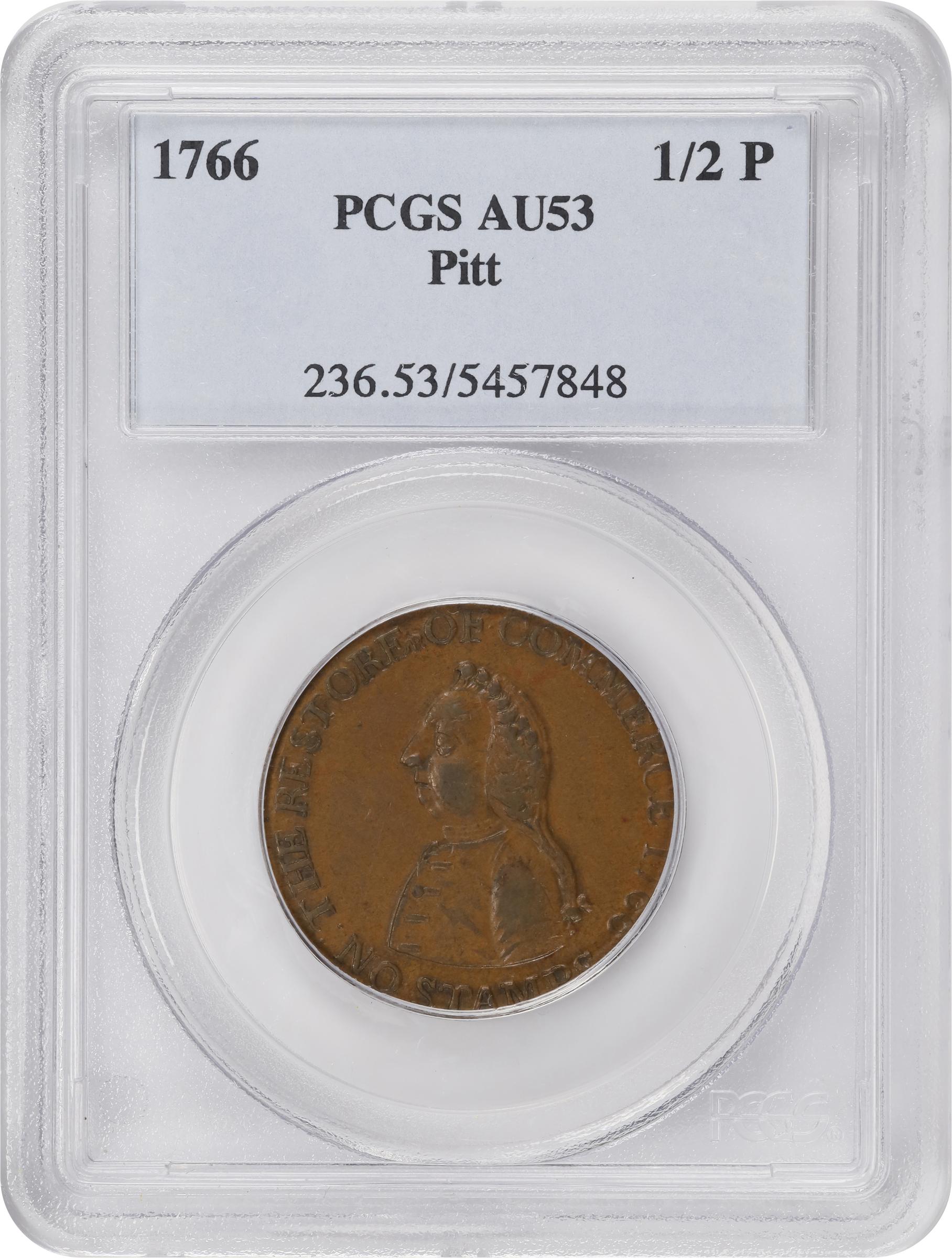 image for: 1766 Pitt Halfpenny Token. Betts-519, W-8350. Rarity-3. Copper. AU-53 (PCGS).
