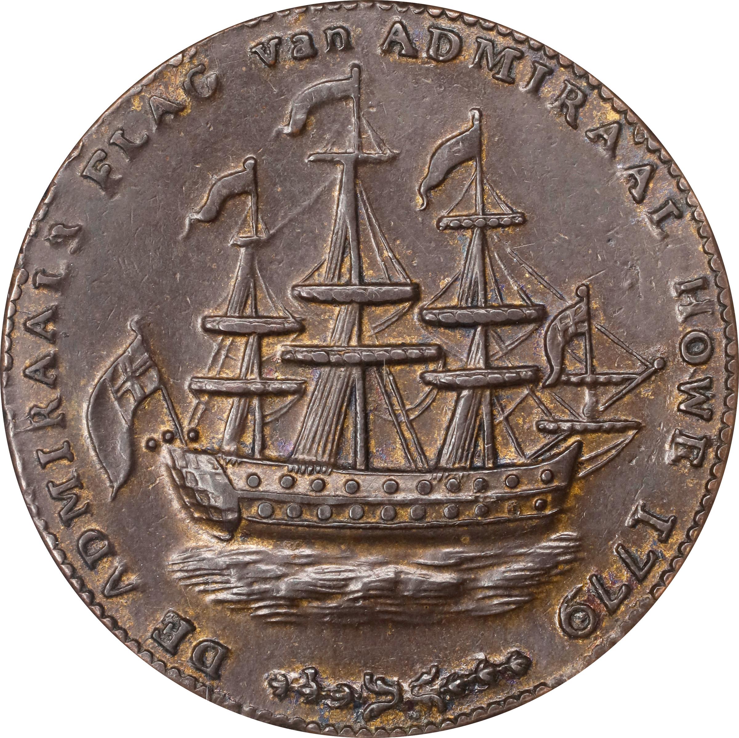 image for: "1778-1779" (ca. 1780) Rhode Island Ship Medal. Betts-563, W-1740. Wreath Below Ship. Brass or Pinchbeck. MS-63 BN (NGC).
