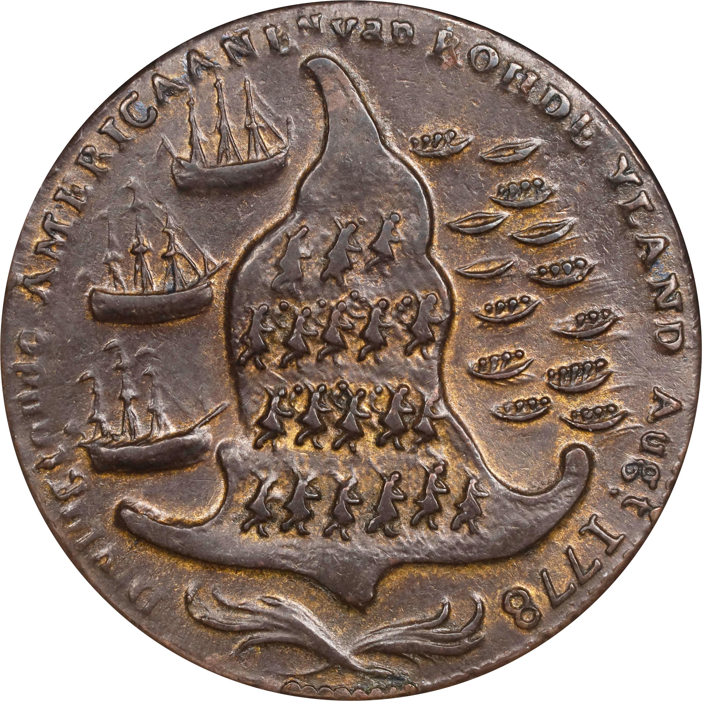 image for: "1778-1779" (ca. 1780) Rhode Island Ship Medal. Betts-563, W-1740. Wreath Below Ship. Brass or Pinchbeck. MS-63 BN (NGC).