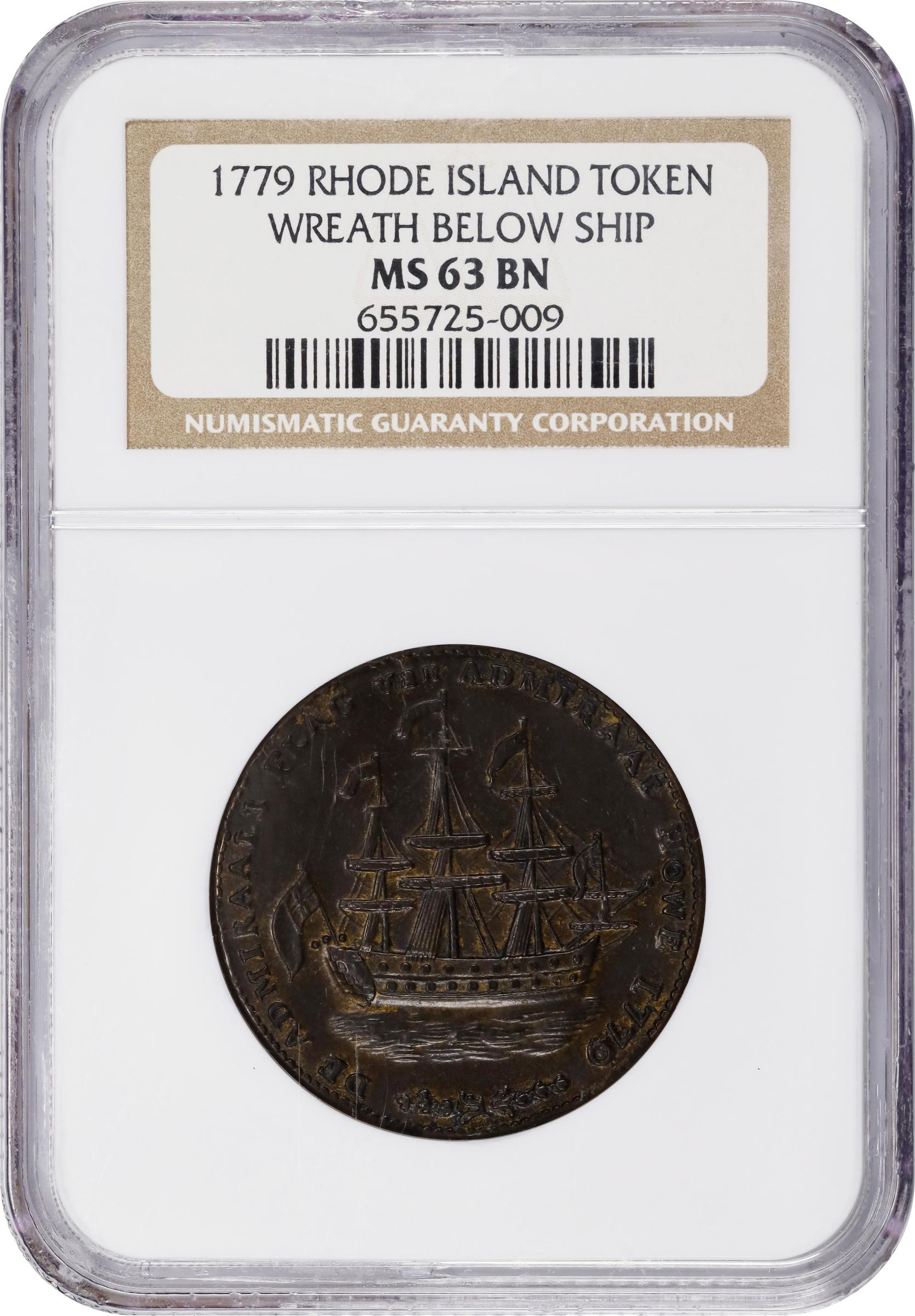 image for: "1778-1779" (ca. 1780) Rhode Island Ship Medal. Betts-563, W-1740. Wreath Below Ship. Brass or Pinchbeck. MS-63 BN (NGC).