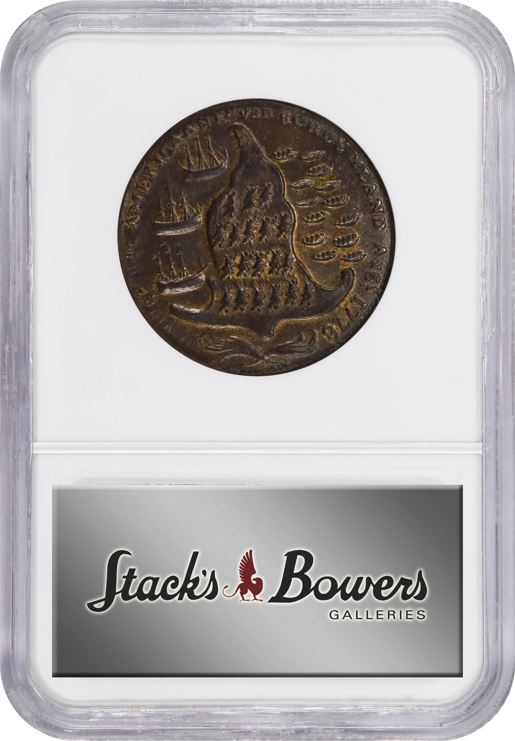 image for: "1778-1779" (ca. 1780) Rhode Island Ship Medal. Betts-563, W-1740. Wreath Below Ship. Brass or Pinchbeck. MS-63 BN (NGC).