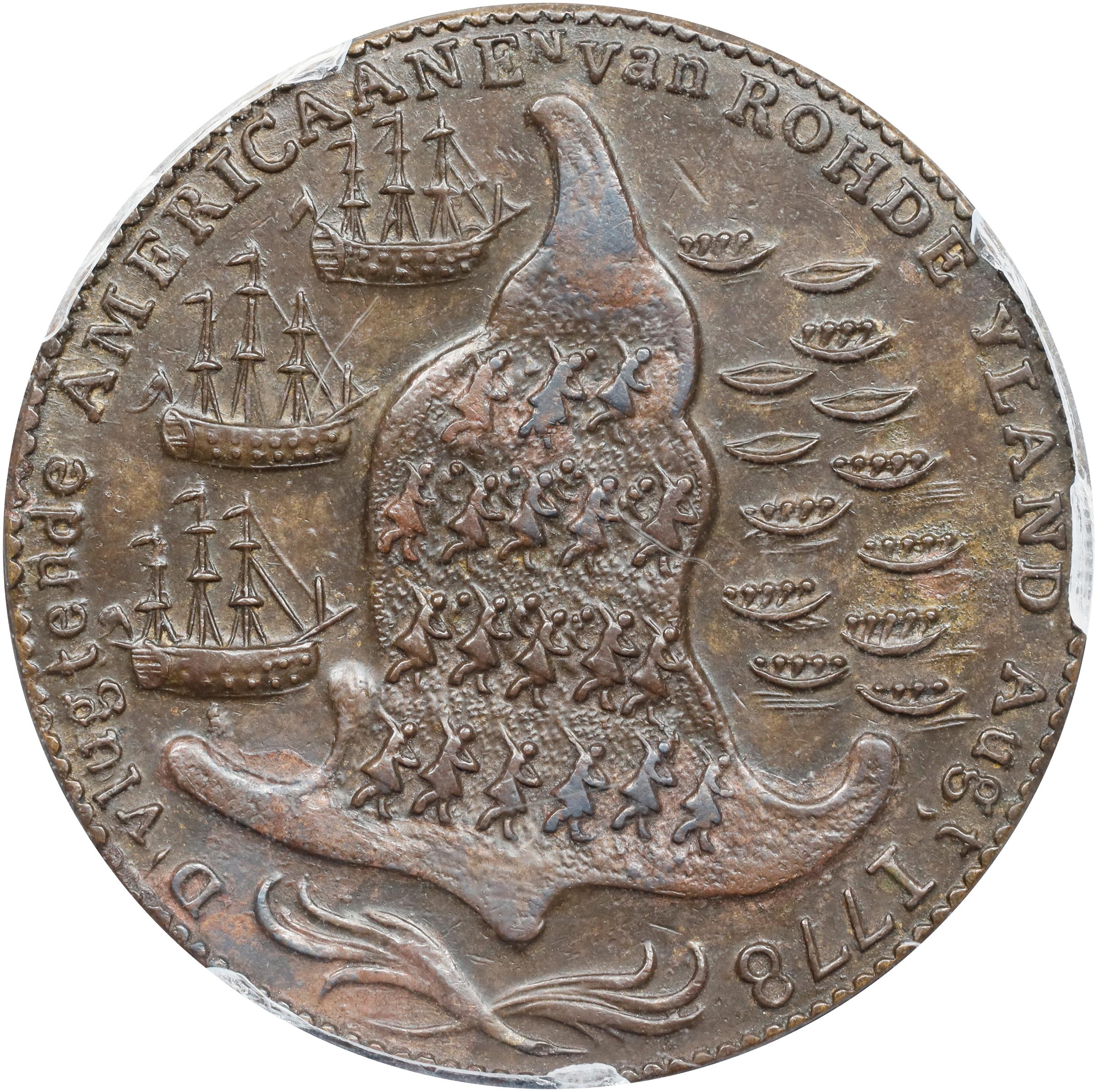 image for: "1778-1779" (ca. 1780) Rhode Island Ship Medal. Betts-563, W-1740. Wreath Below Ship. Brass or Pinchbeck. AU-58 (PCGS).