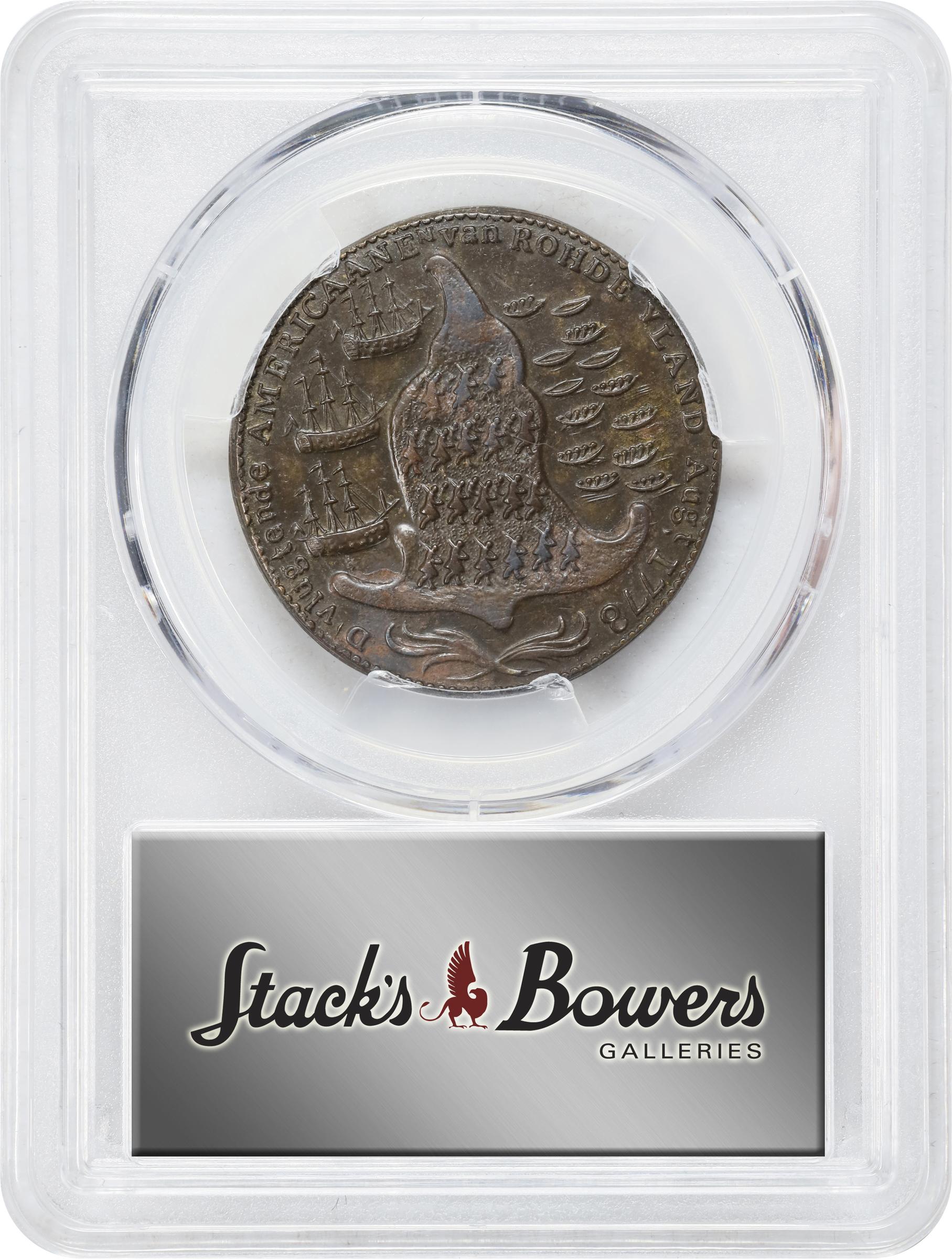 image for: "1778-1779" (ca. 1780) Rhode Island Ship Medal. Betts-563, W-1740. Wreath Below Ship. Brass or Pinchbeck. AU-58 (PCGS).