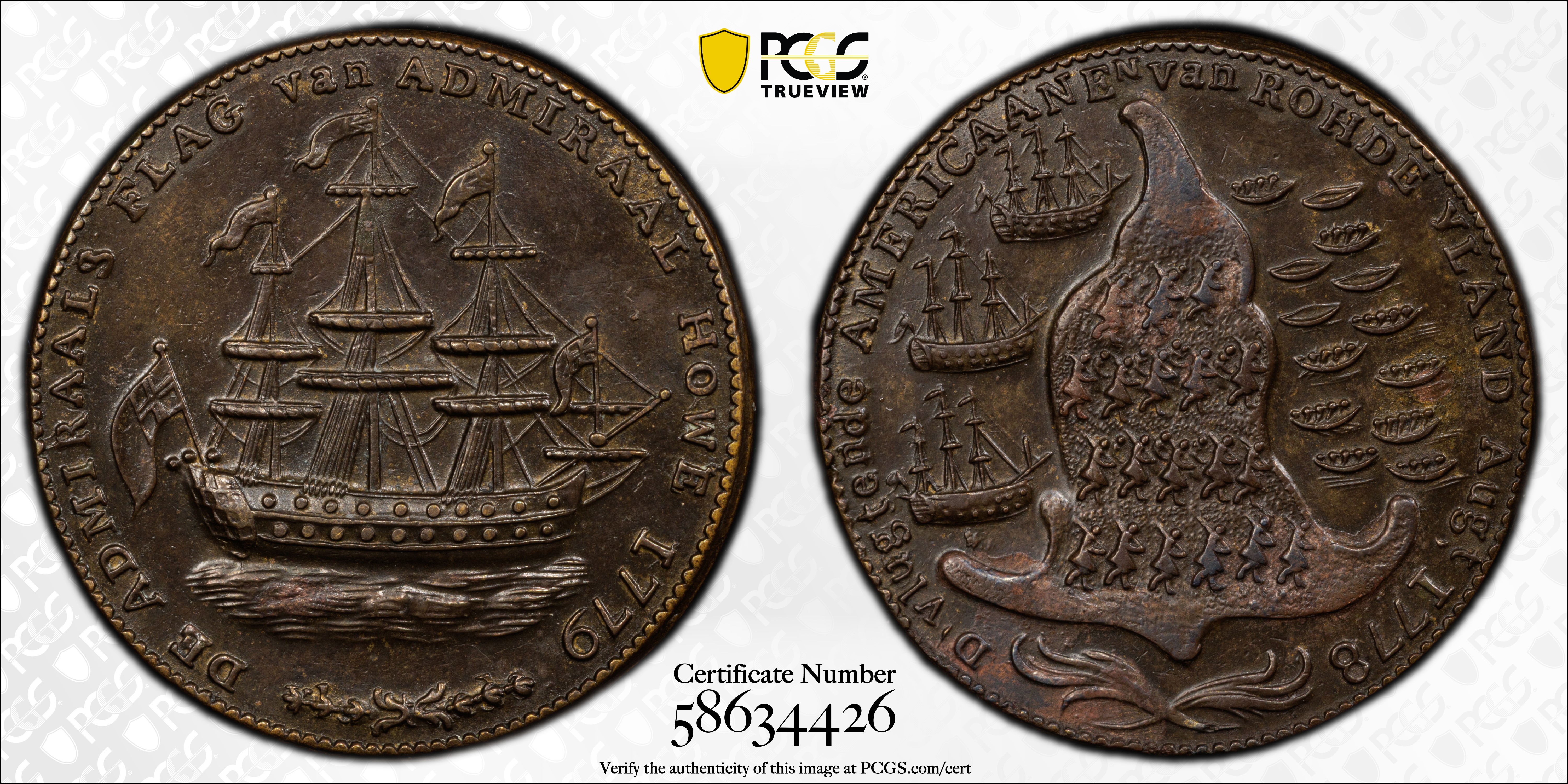 image for: "1778-1779" (ca. 1780) Rhode Island Ship Medal. Betts-563, W-1740. Wreath Below Ship. Brass or Pinchbeck. AU-58 (PCGS).