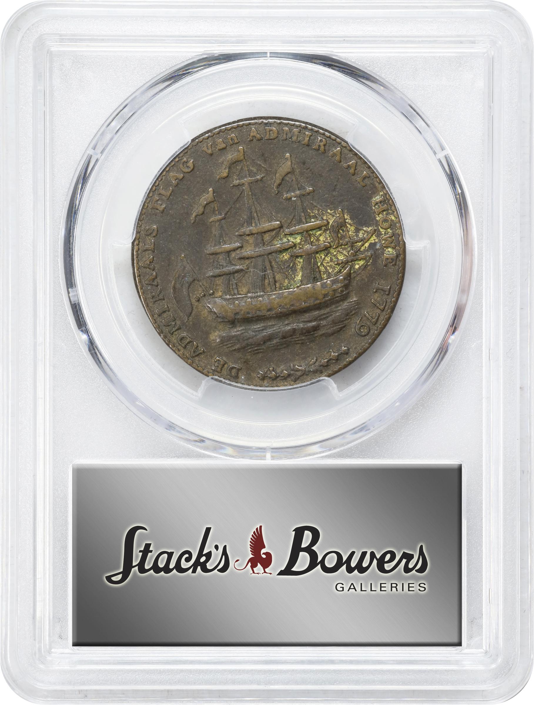image for: "1778-1779" (ca. 1780) Rhode Island Ship Medal. Betts-563, W-1740. Wreath Below Ship. Brass or Pinchbeck. EF-40 (PCGS).