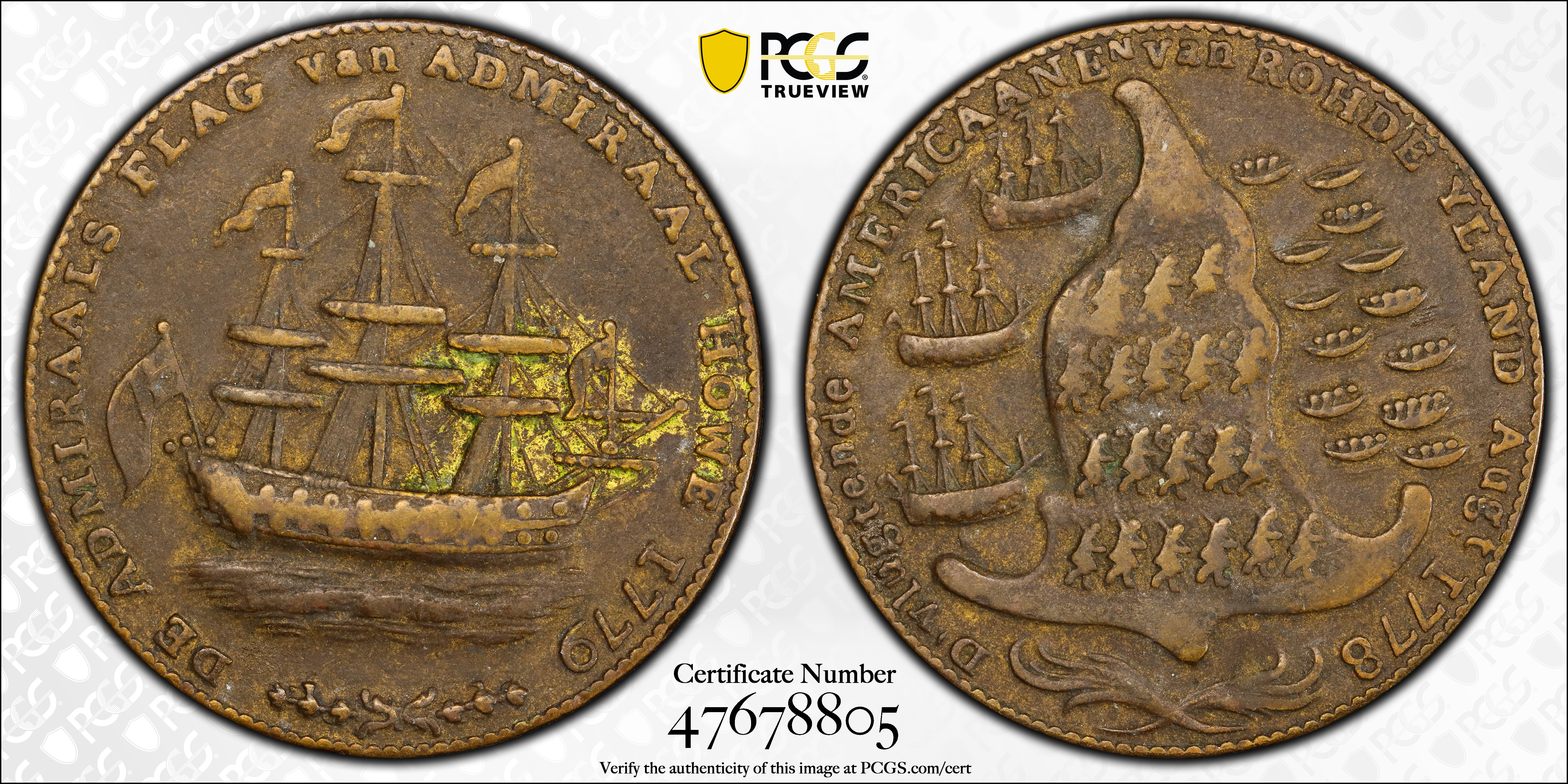 image for: "1778-1779" (ca. 1780) Rhode Island Ship Medal. Betts-563, W-1740. Wreath Below Ship. Brass or Pinchbeck. EF-40 (PCGS).