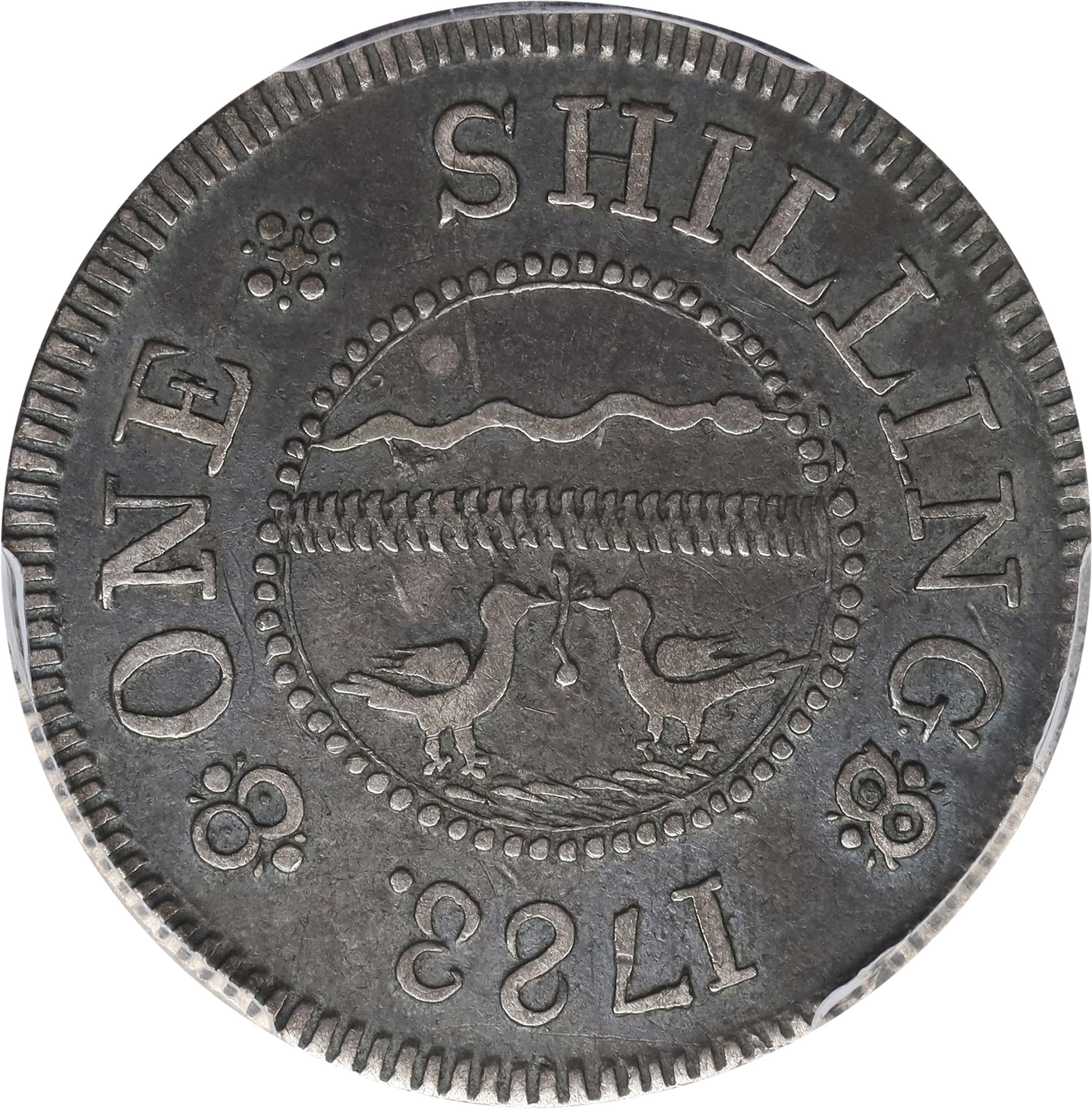 image for: 1783 John Chalmers Shilling. W-1785. Rarity-4+. Birds, Short Worm. EF-45 (PCGS).