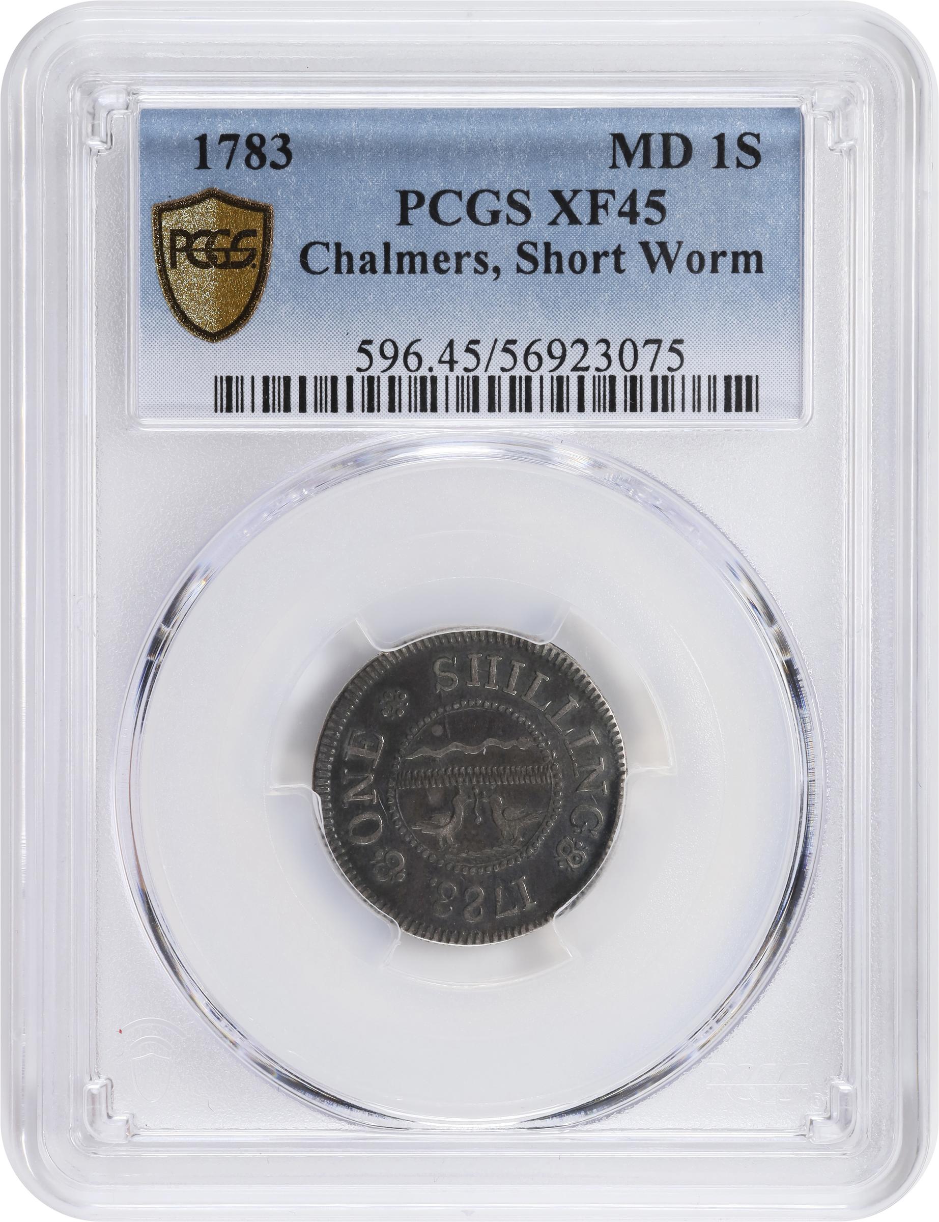 image for: 1783 John Chalmers Shilling. W-1785. Rarity-4+. Birds, Short Worm. EF-45 (PCGS).