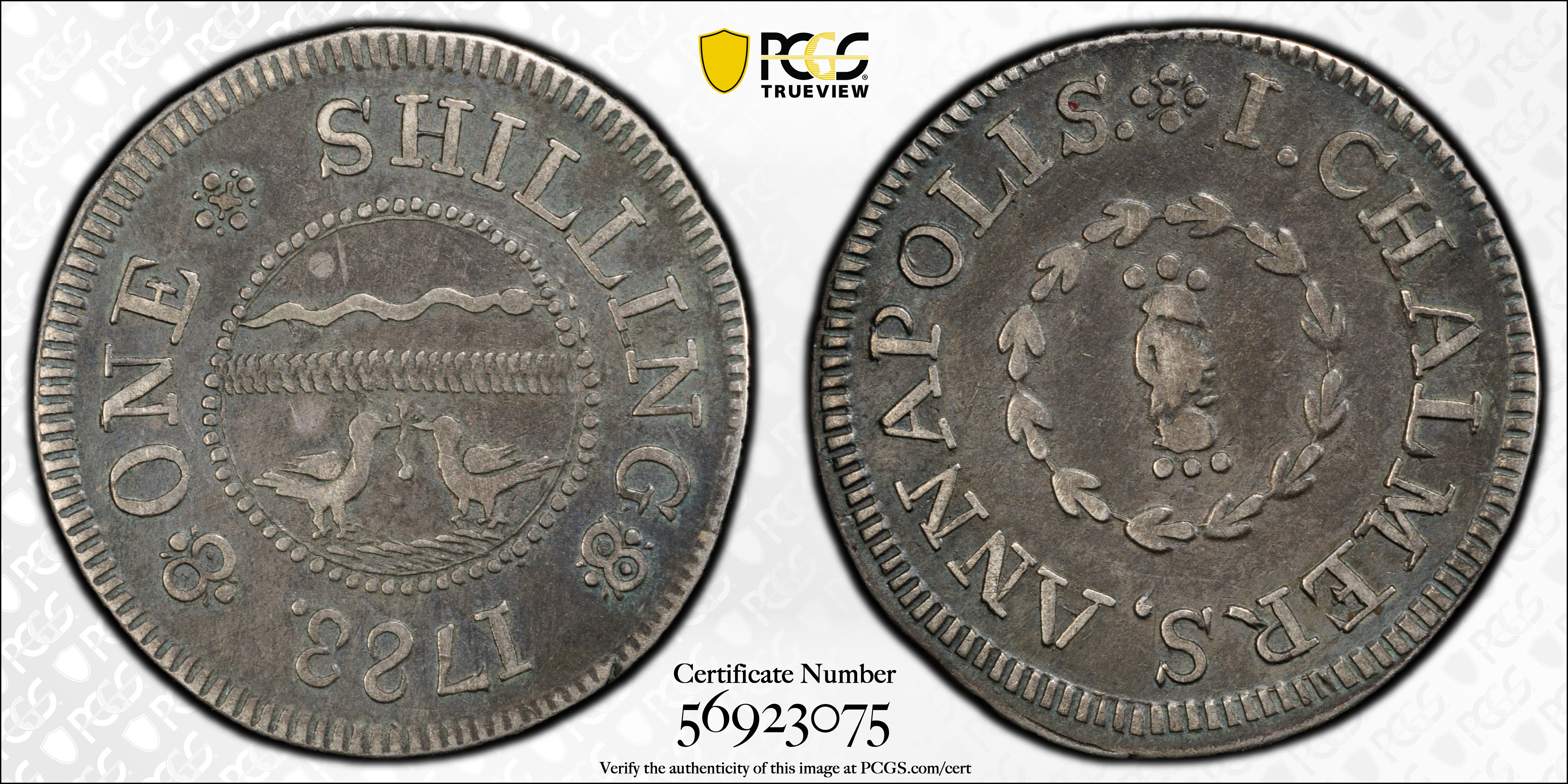 image for: 1783 John Chalmers Shilling. W-1785. Rarity-4+. Birds, Short Worm. EF-45 (PCGS).