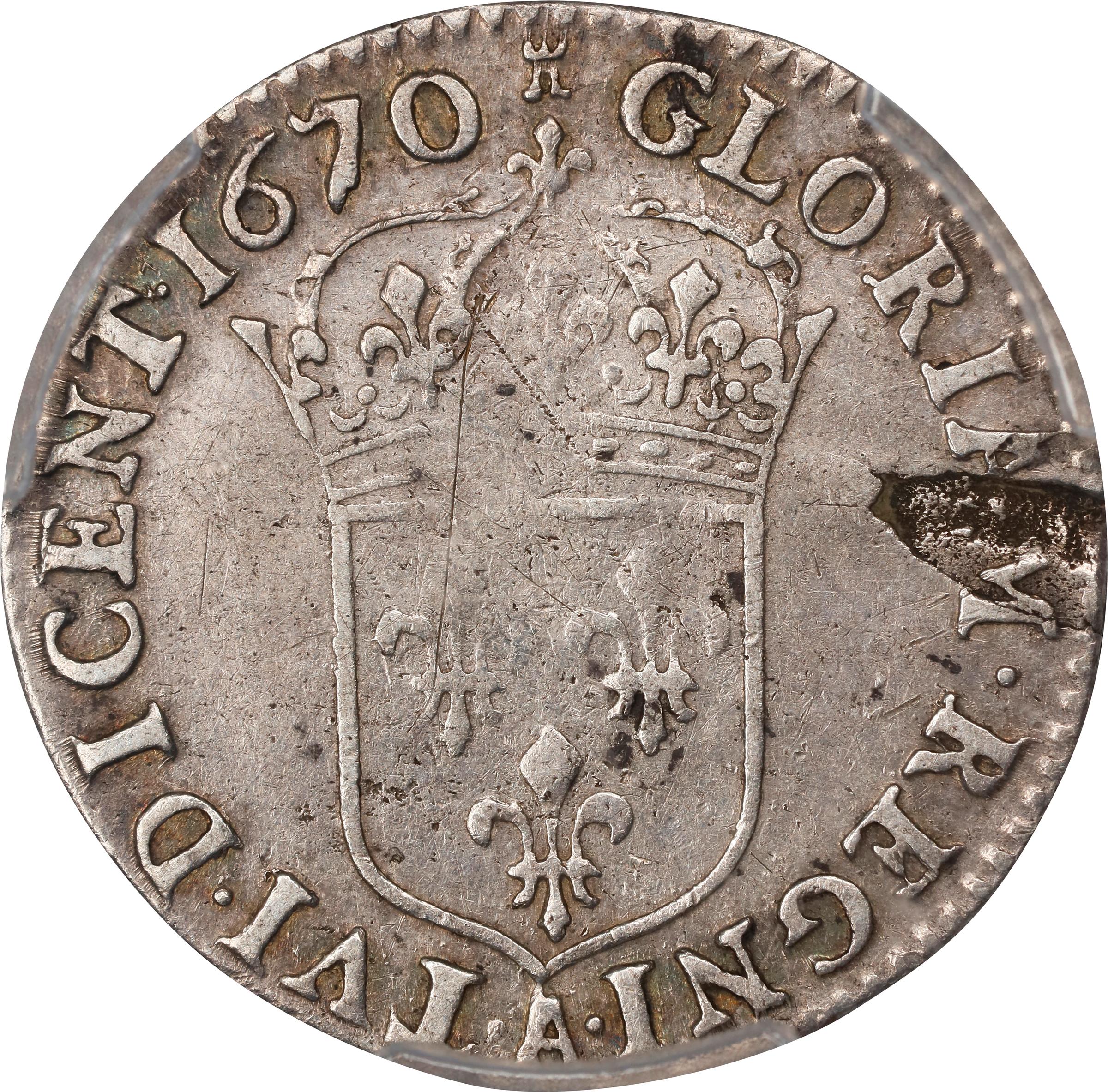 image for: 1670-A 5 Sols. Paris Mint. Martin 1-A, Lecompte-186, Hodder-3, W-11605. Reverse Peeling Lamination. VF-30 (PCGS).