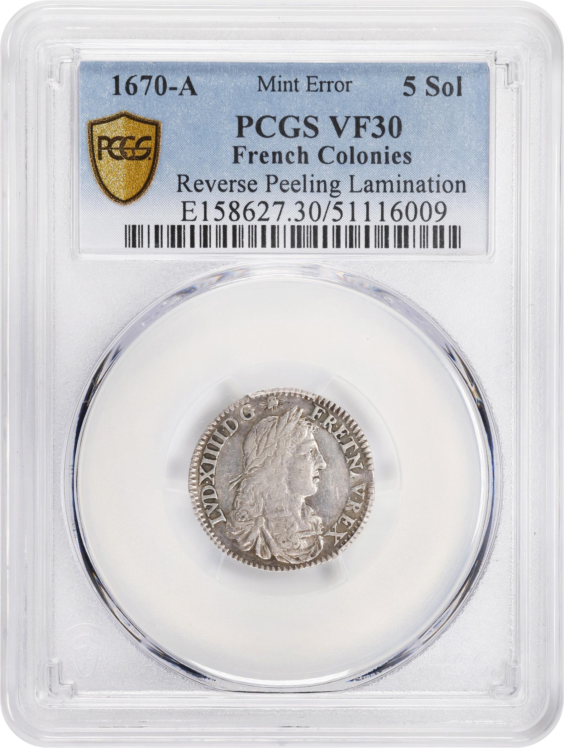image for: 1670-A 5 Sols. Paris Mint. Martin 1-A, Lecompte-186, Hodder-3, W-11605. Reverse Peeling Lamination. VF-30 (PCGS).