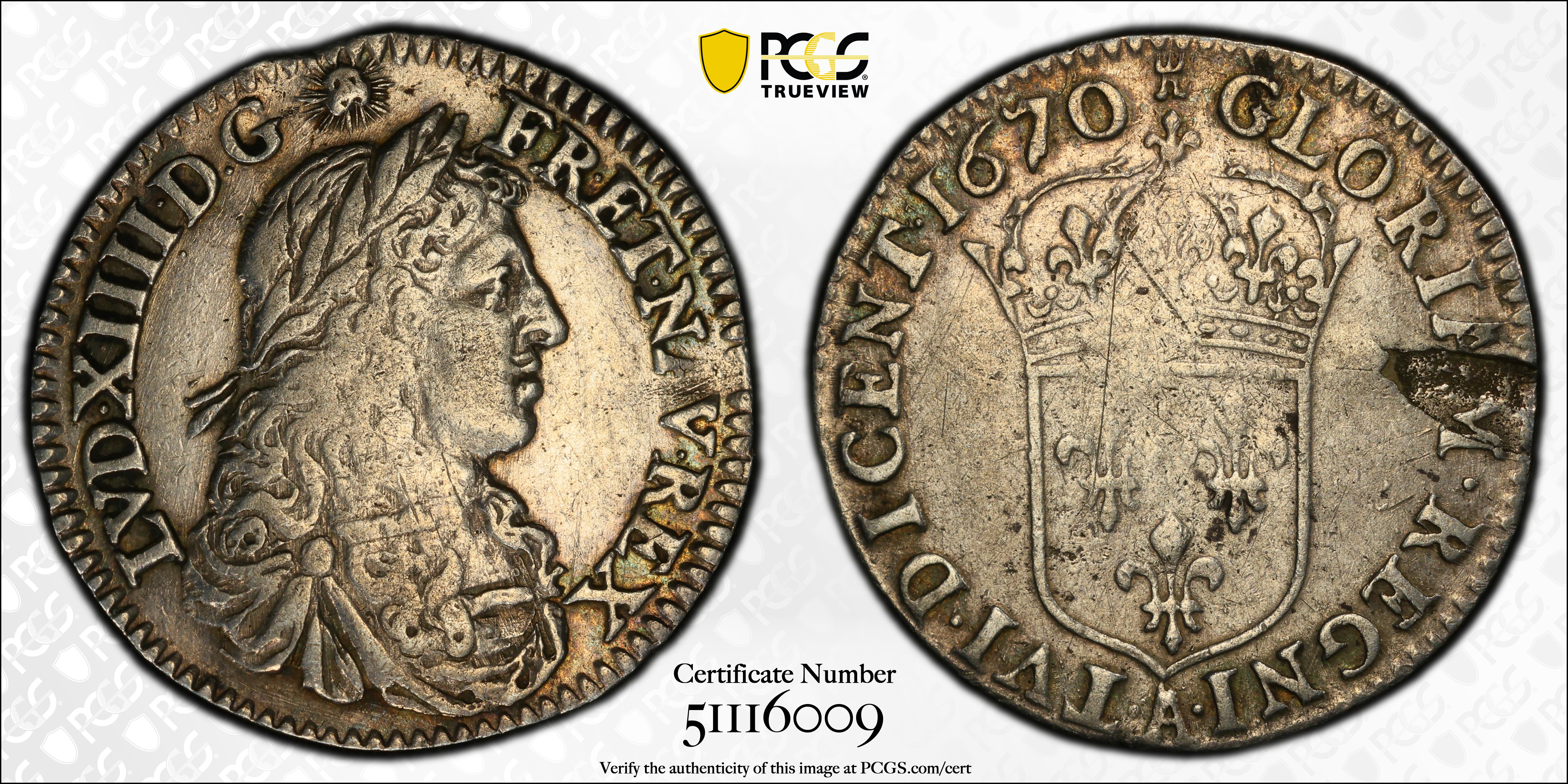 image for: 1670-A 5 Sols. Paris Mint. Martin 1-A, Lecompte-186, Hodder-3, W-11605. Reverse Peeling Lamination. VF-30 (PCGS).