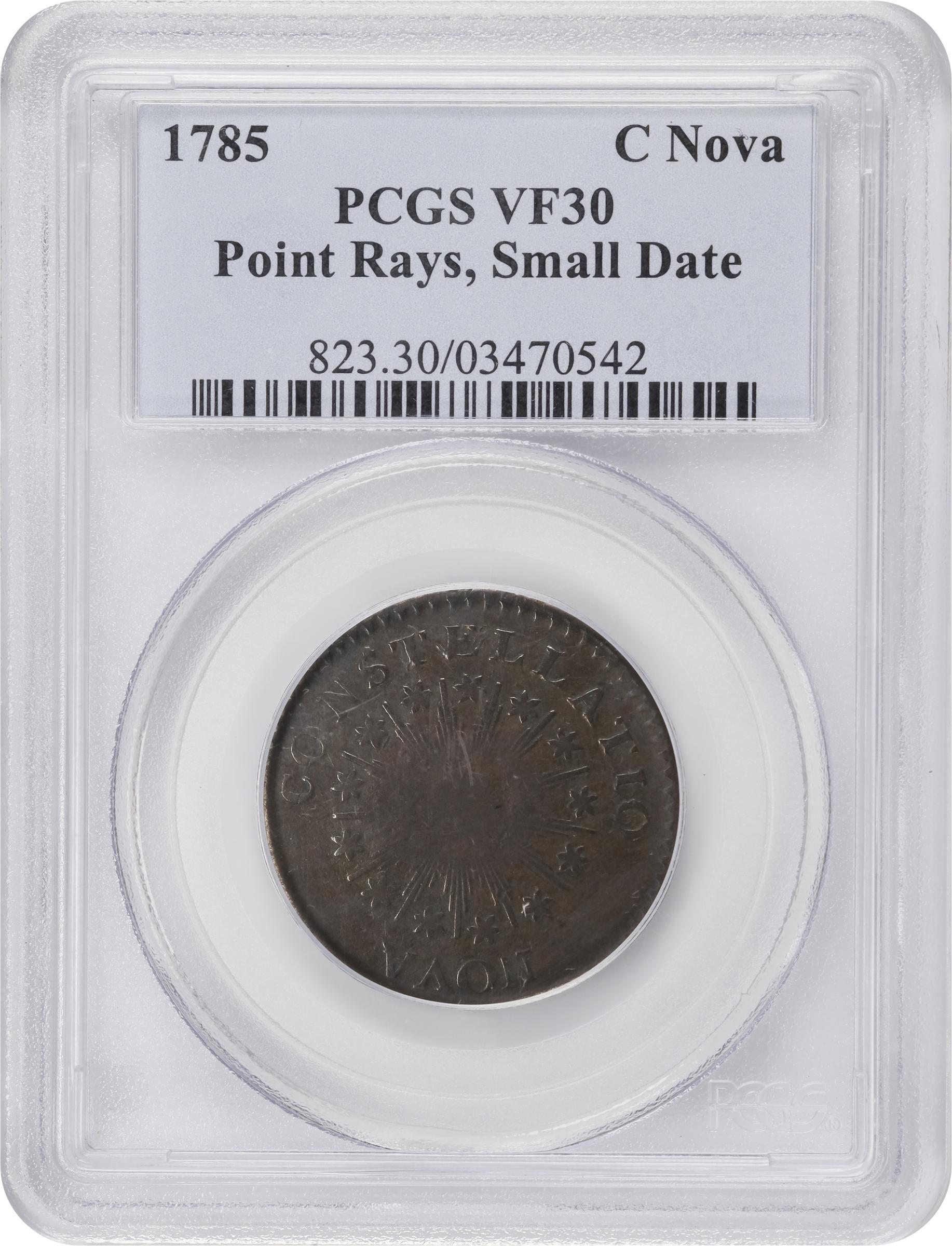 image for: 1785 Nova Constellatio Copper. Crosby 2-A, W-1885. Rarity-4+. CONSTELLATIO, Pointed Rays, Small, Close Date. VF-30 (PCGS).