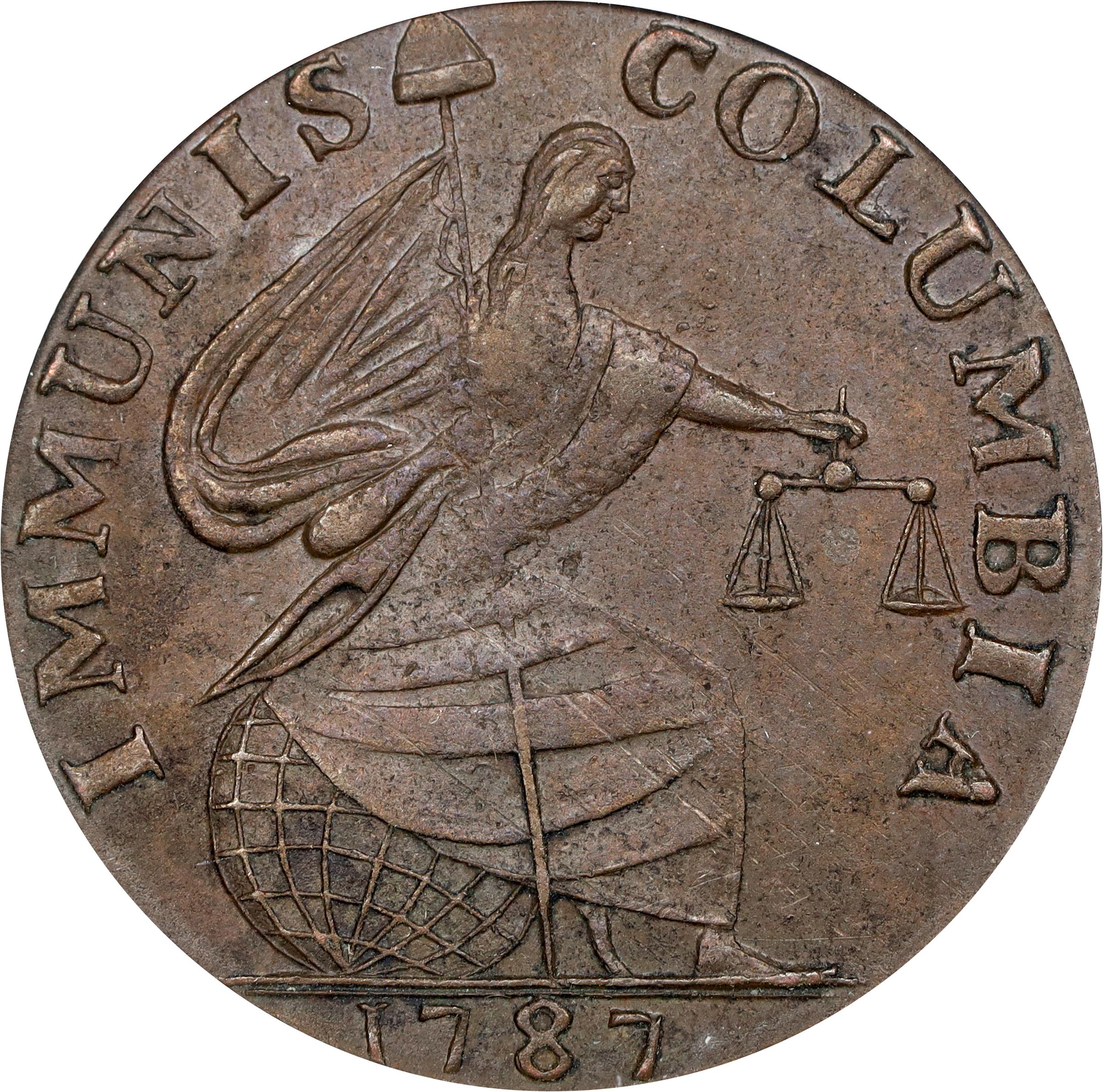 image for: 1787 Immunis Columbia Copper / Large Eagle Reverse. W-5680. Rarity-4+. Plain Edge, Narrow Planchet. AU-58 (PCGS).