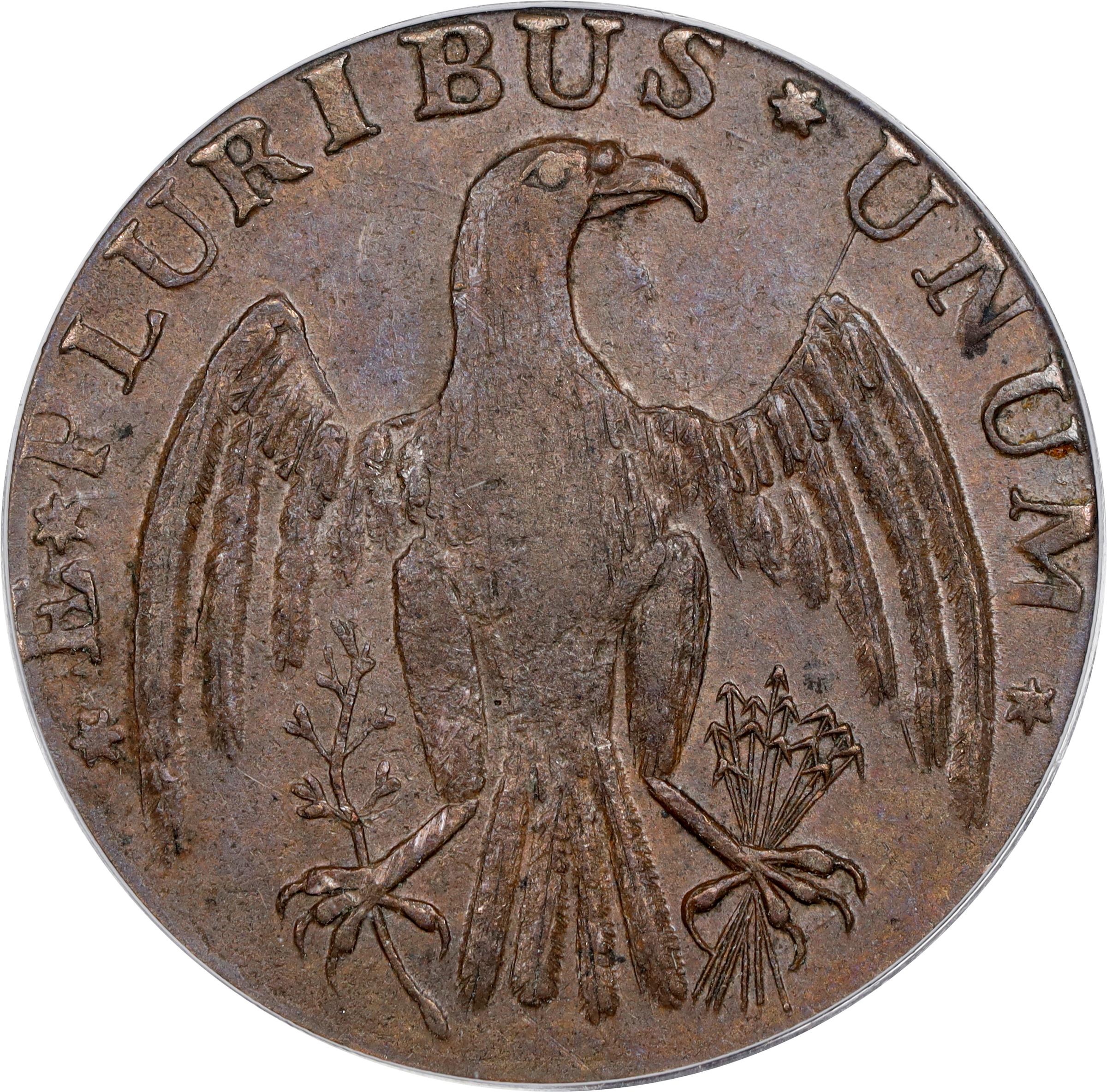 image for: 1787 Immunis Columbia Copper / Large Eagle Reverse. W-5680. Rarity-4+. Plain Edge, Narrow Planchet. AU-58 (PCGS).