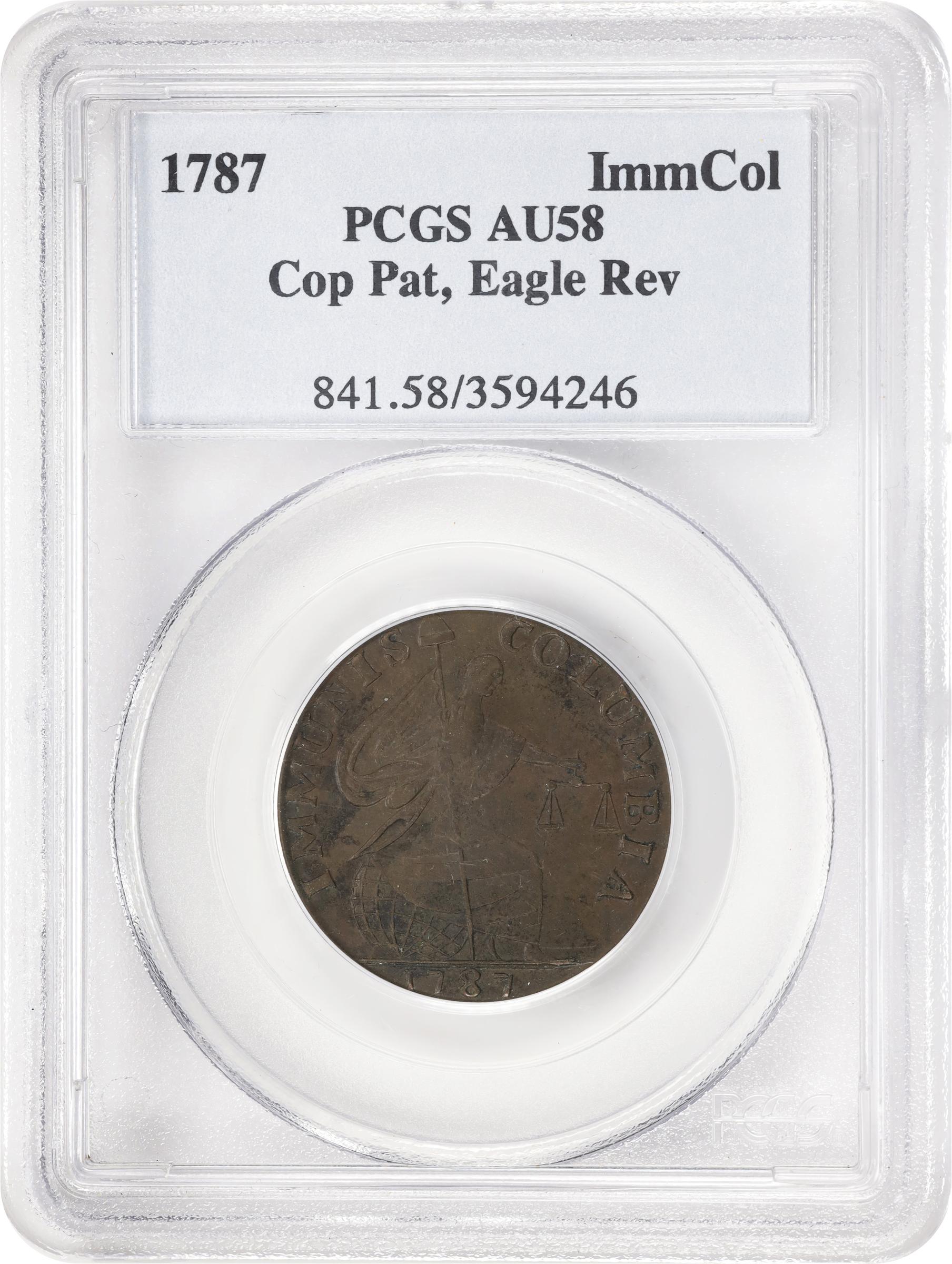 image for: 1787 Immunis Columbia Copper / Large Eagle Reverse. W-5680. Rarity-4+. Plain Edge, Narrow Planchet. AU-58 (PCGS).