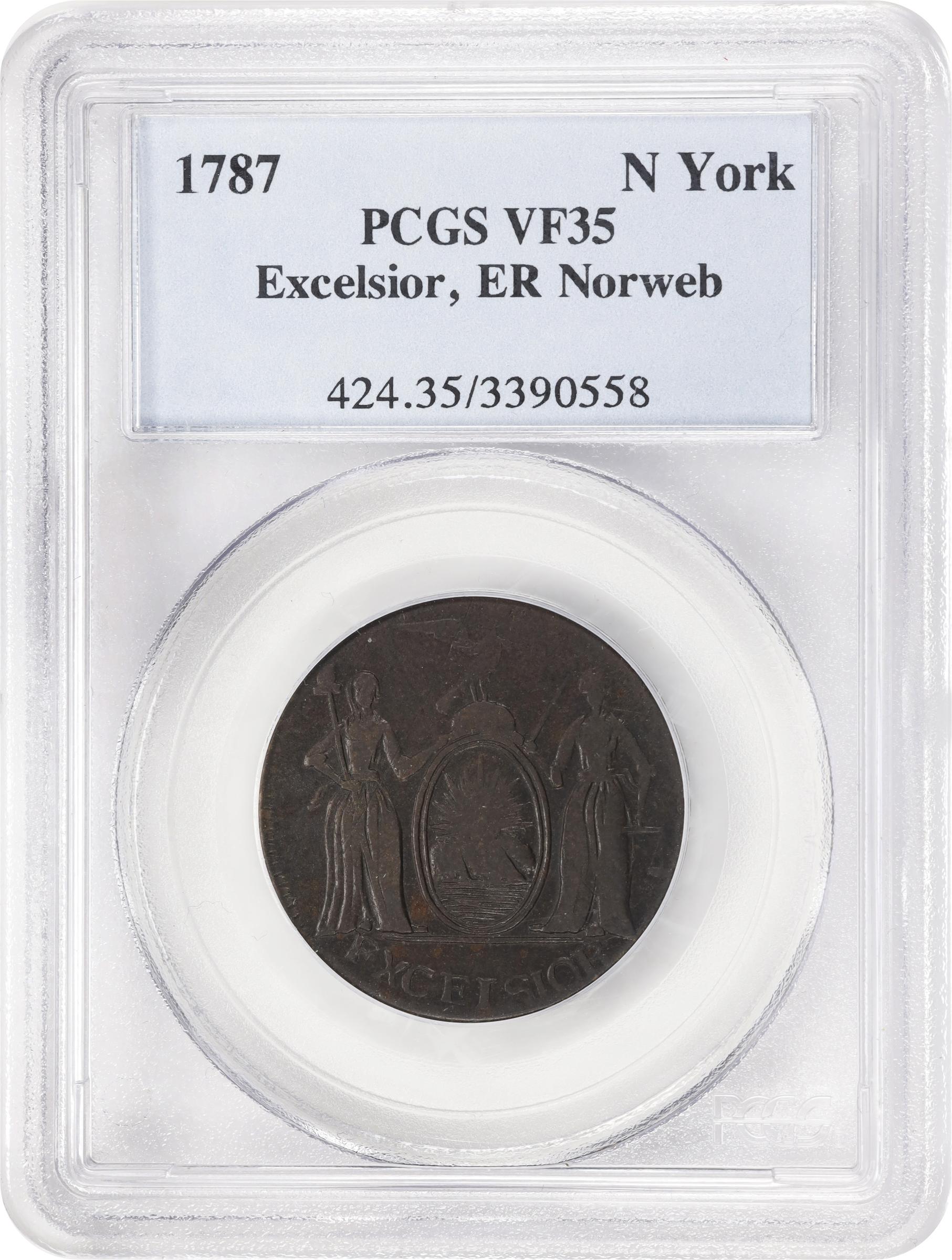 image for: 1787 Excelsior Copper. W-5780. Rarity-6+. Eagle on Globe Facing Right, Arrows at Right. VF-35 (PCGS).