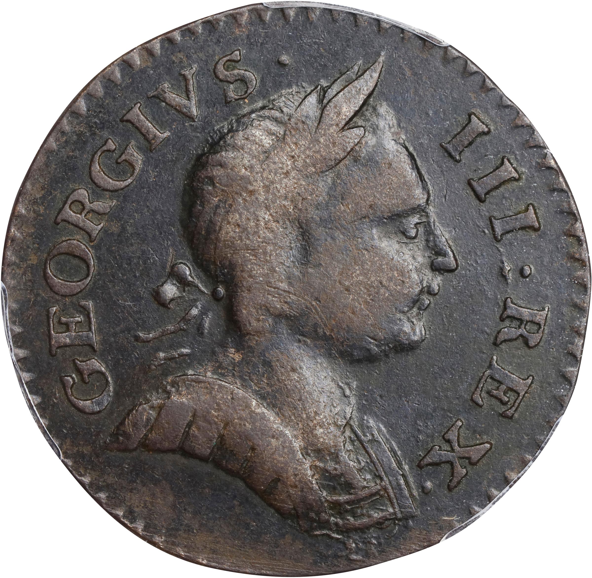image for: 1775 Machin's Mills Halfpenny. Vlack 4-75A, W-7780. Rarity-4. GEORGIVS III, Group I. AU-50 (PCGS).