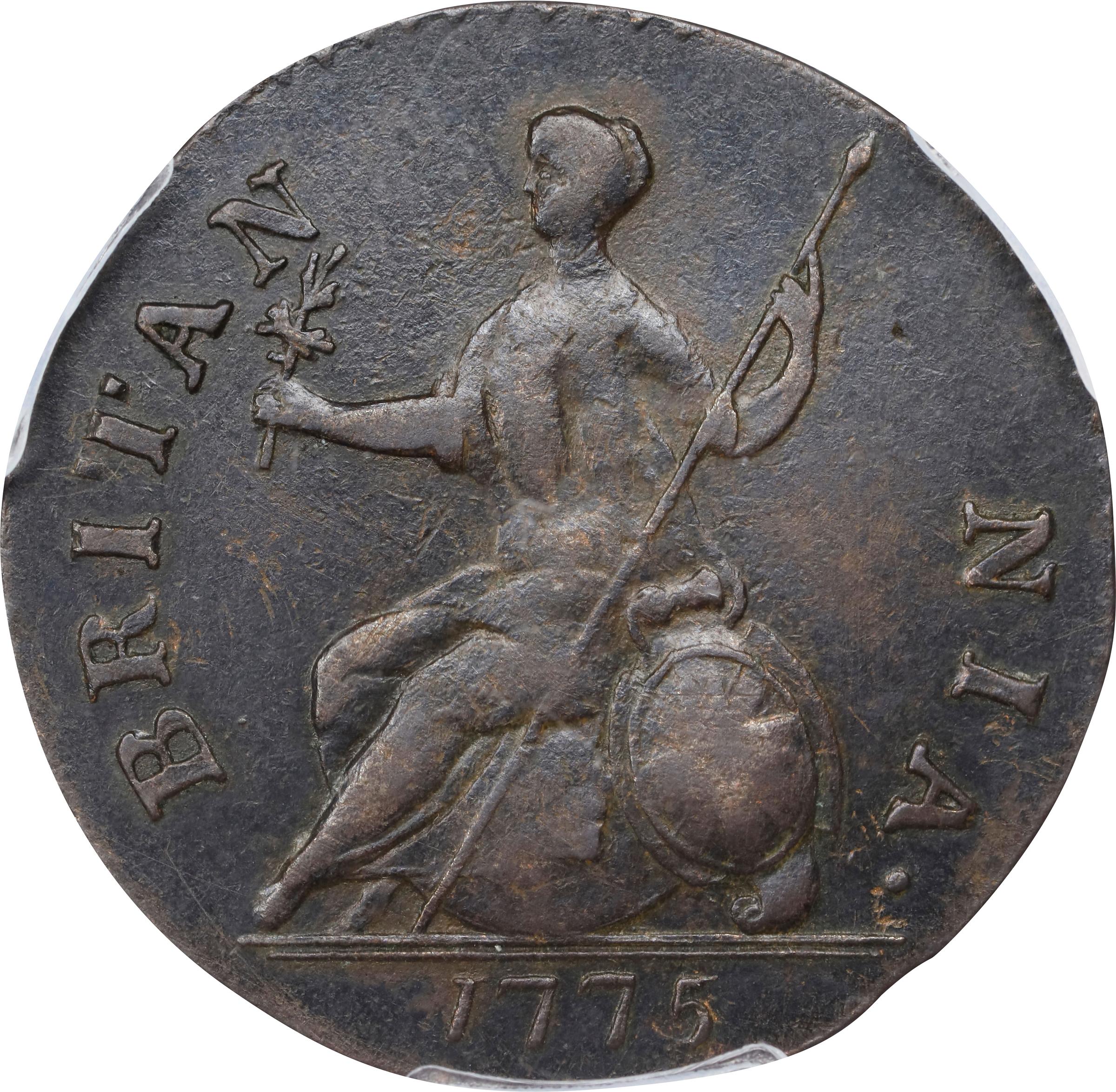 image for: 1775 Machin's Mills Halfpenny. Vlack 4-75A, W-7780. Rarity-4. GEORGIVS III, Group I. AU-50 (PCGS).