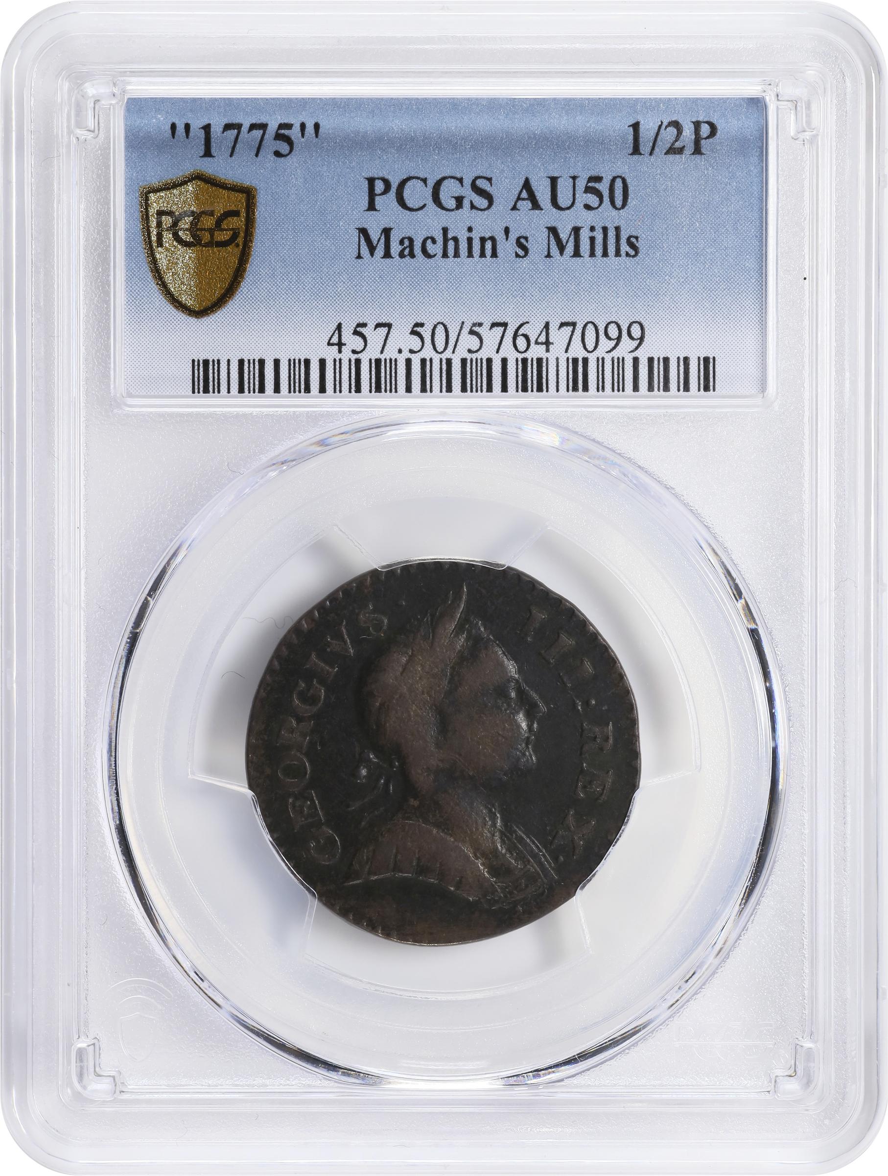 image for: 1775 Machin's Mills Halfpenny. Vlack 4-75A, W-7780. Rarity-4. GEORGIVS III, Group I. AU-50 (PCGS).