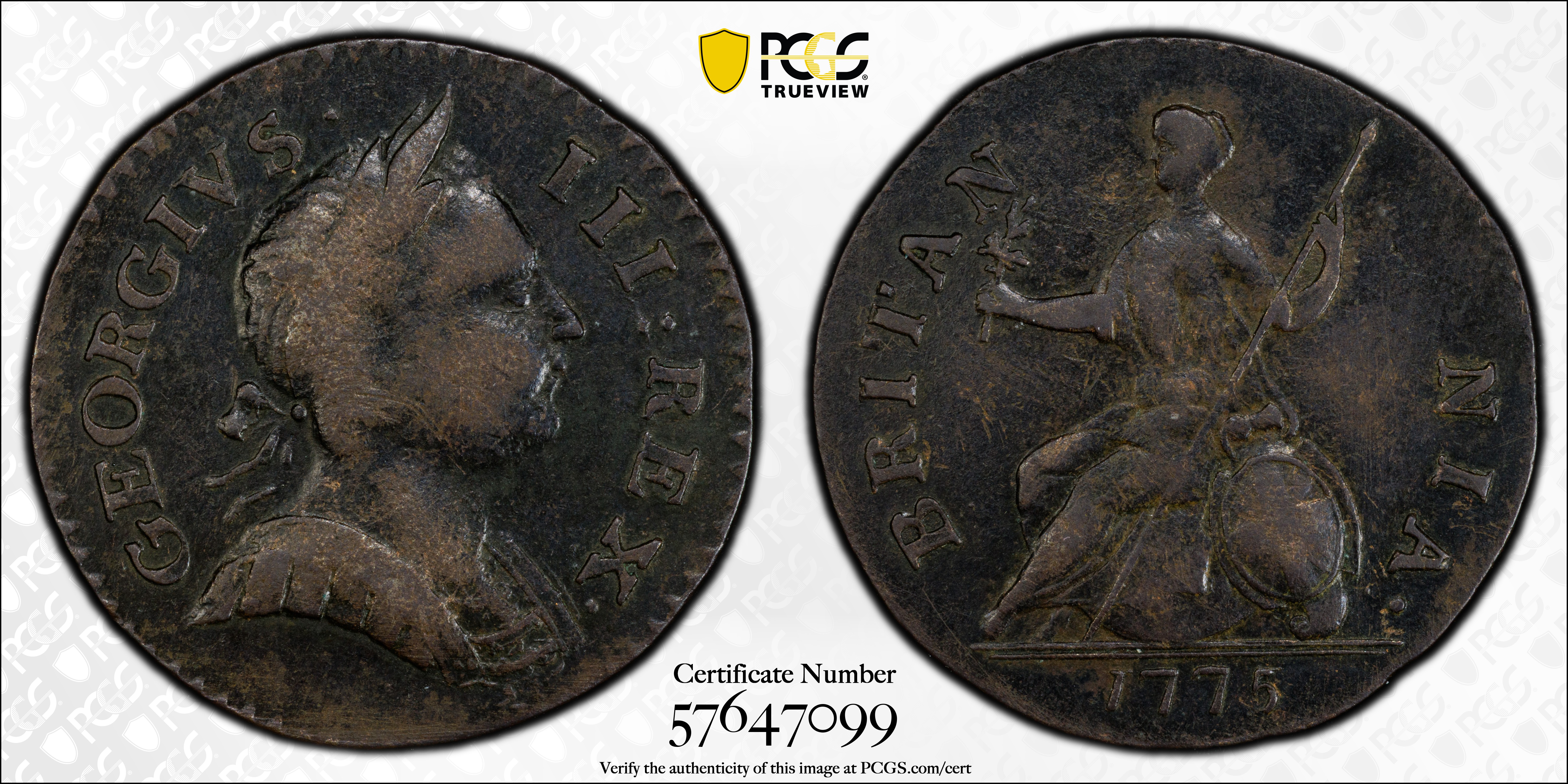 image for: 1775 Machin's Mills Halfpenny. Vlack 4-75A, W-7780. Rarity-4. GEORGIVS III, Group I. AU-50 (PCGS).