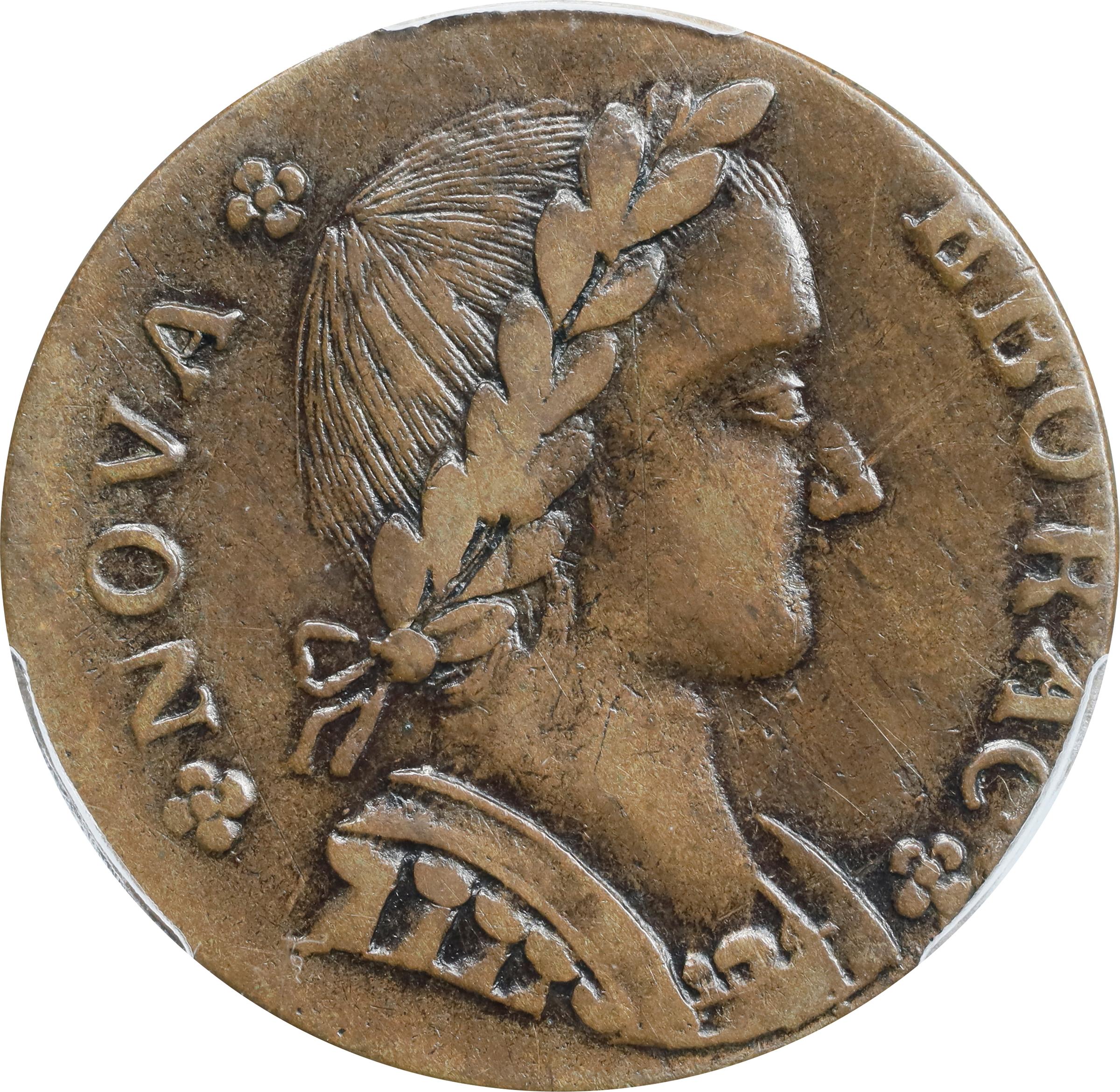 image for: 1787 Nova Eborac Copper. W-5760. Rarity-3. Medium Bust, Seated Figure Right. EF-45+ (PCGS).