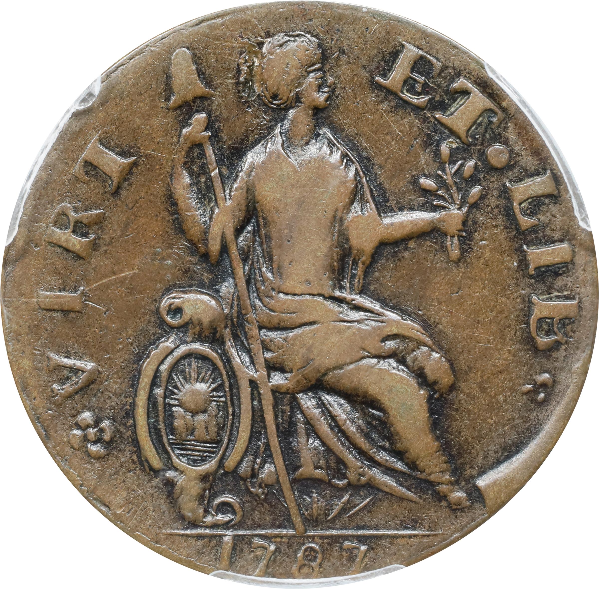 image for: 1787 Nova Eborac Copper. W-5760. Rarity-3. Medium Bust, Seated Figure Right. EF-45+ (PCGS).