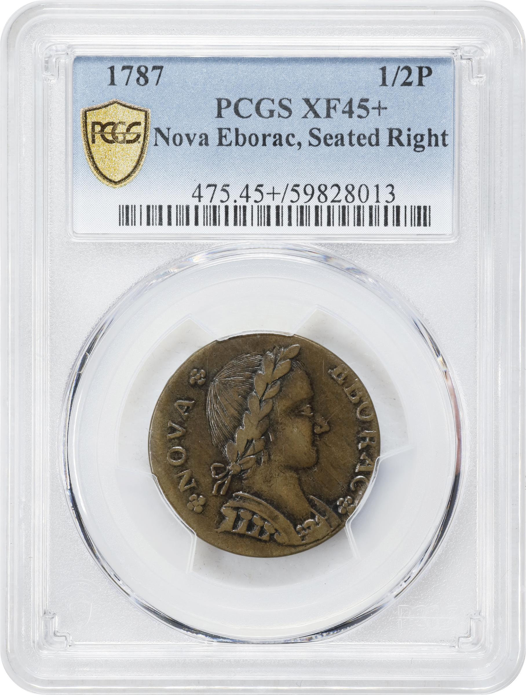 image for: 1787 Nova Eborac Copper. W-5760. Rarity-3. Medium Bust, Seated Figure Right. EF-45+ (PCGS).