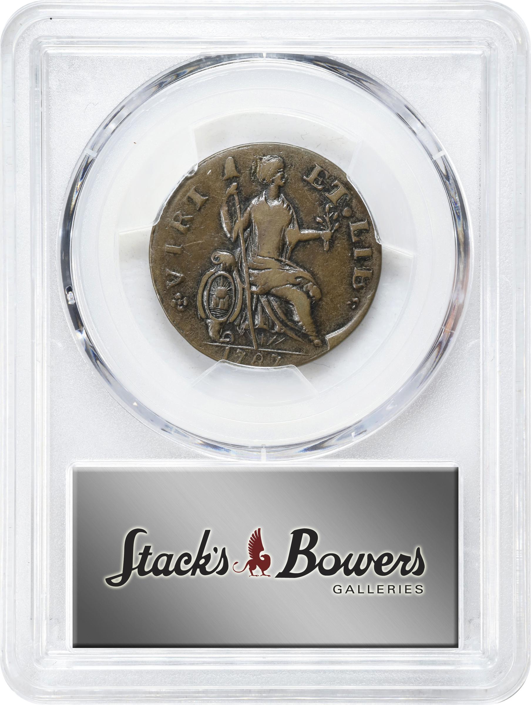 image for: 1787 Nova Eborac Copper. W-5760. Rarity-3. Medium Bust, Seated Figure Right. EF-45+ (PCGS).