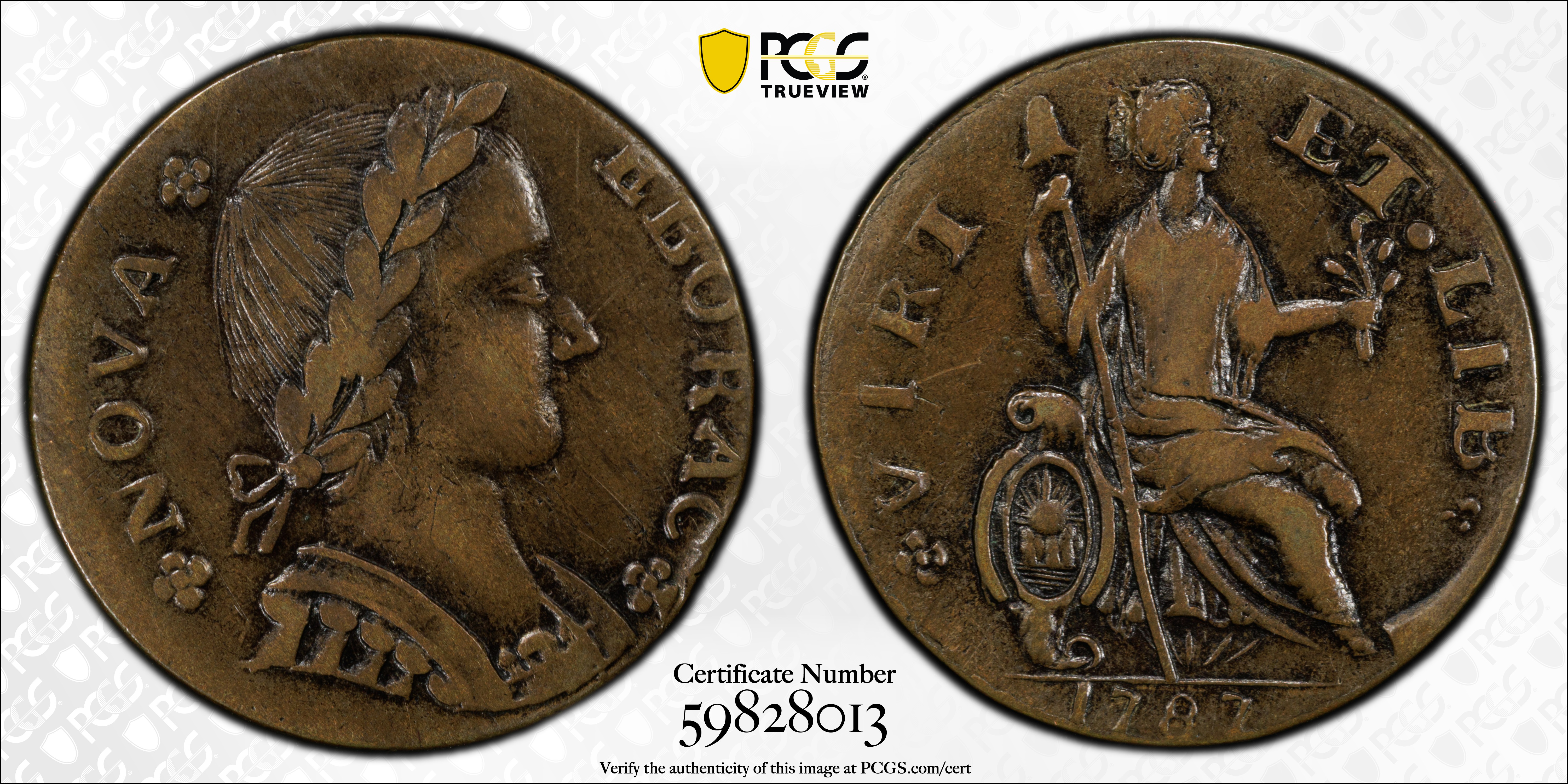 image for: 1787 Nova Eborac Copper. W-5760. Rarity-3. Medium Bust, Seated Figure Right. EF-45+ (PCGS).