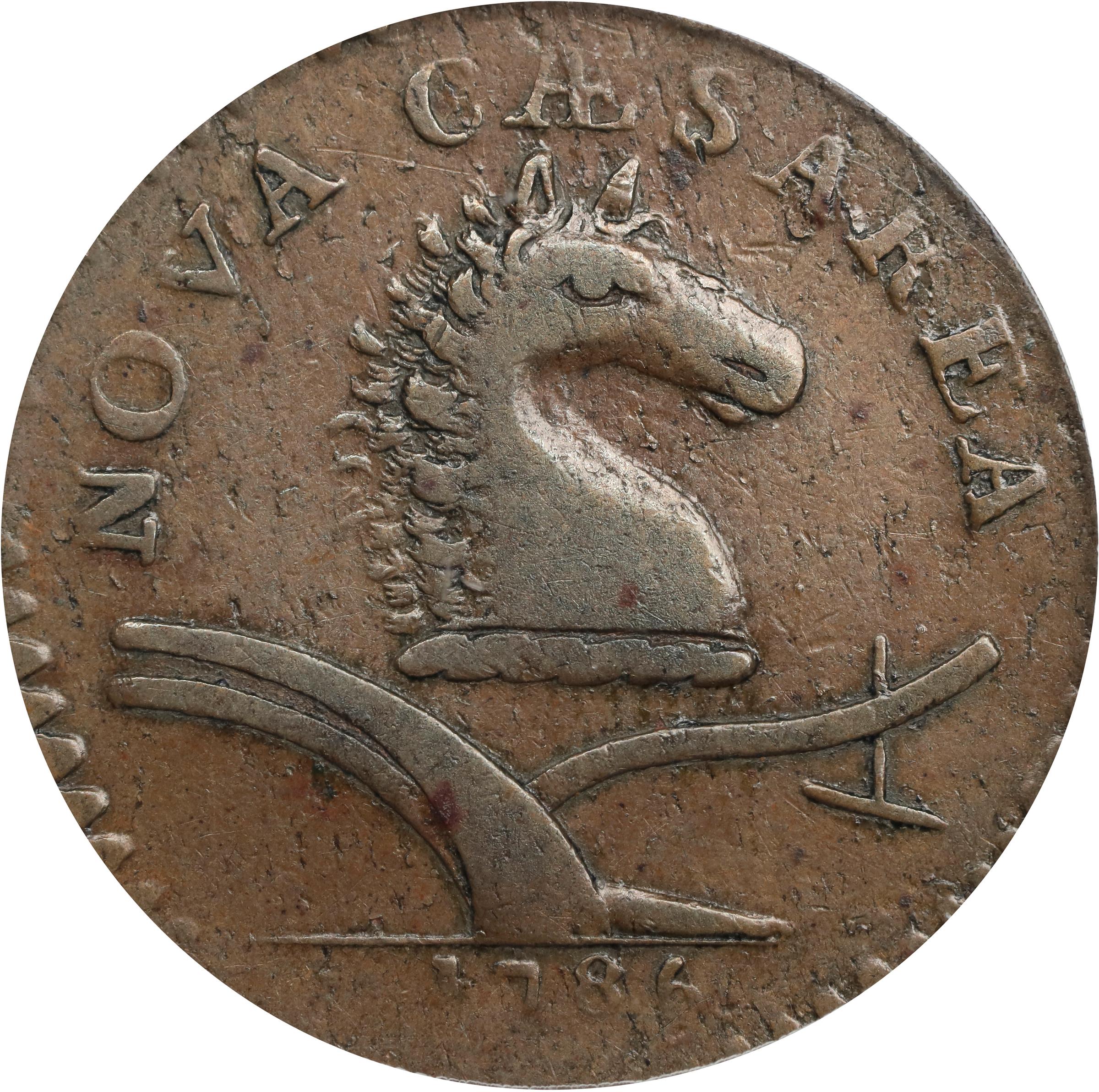 image for: 1786 New Jersey Copper. Maris 12-G, W-4790. Rarity-4. Date Under Plow, No Coulter, Shaggy Mane. VF-35 (PCGS).