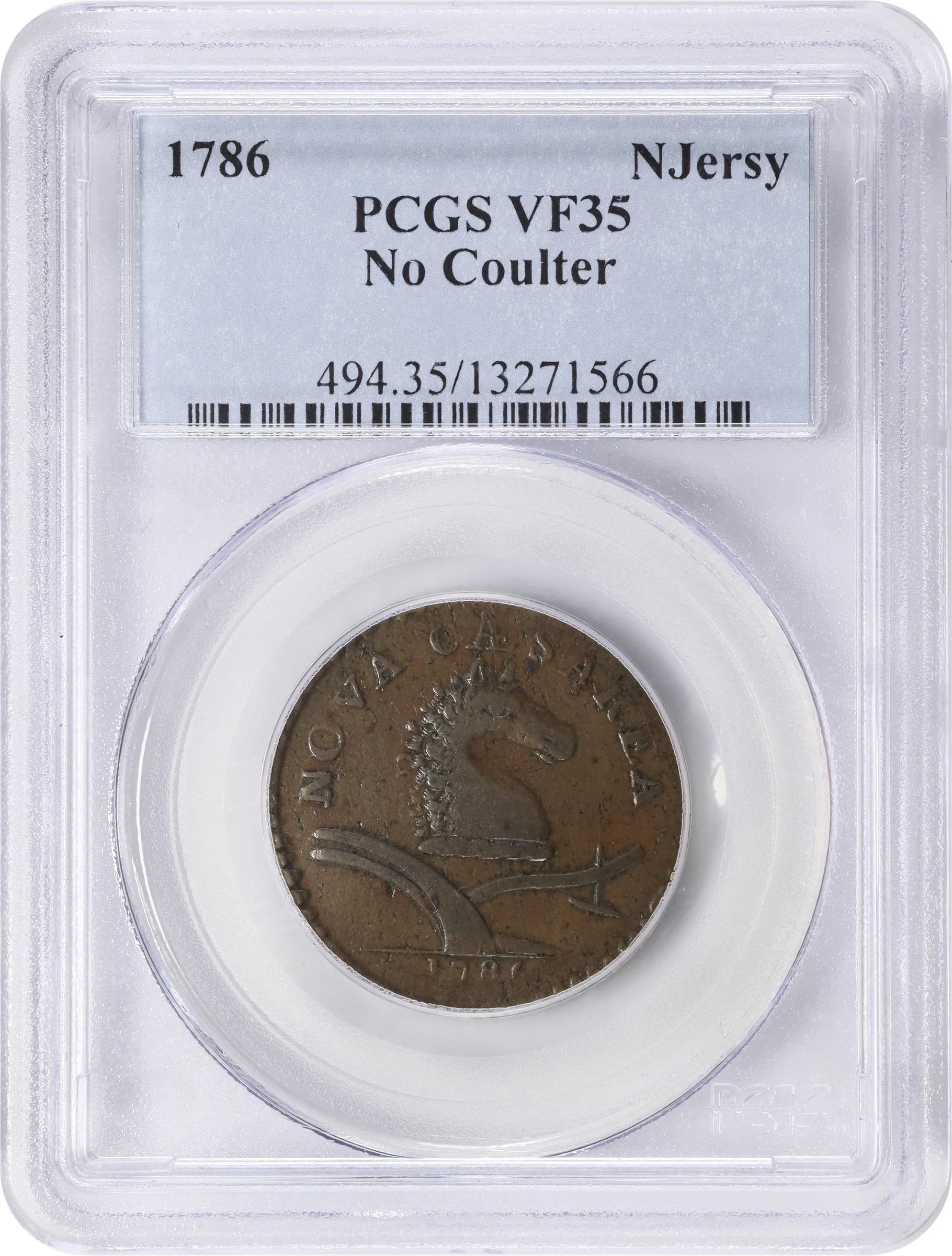 image for: 1786 New Jersey Copper. Maris 12-G, W-4790. Rarity-4. Date Under Plow, No Coulter, Shaggy Mane. VF-35 (PCGS).
