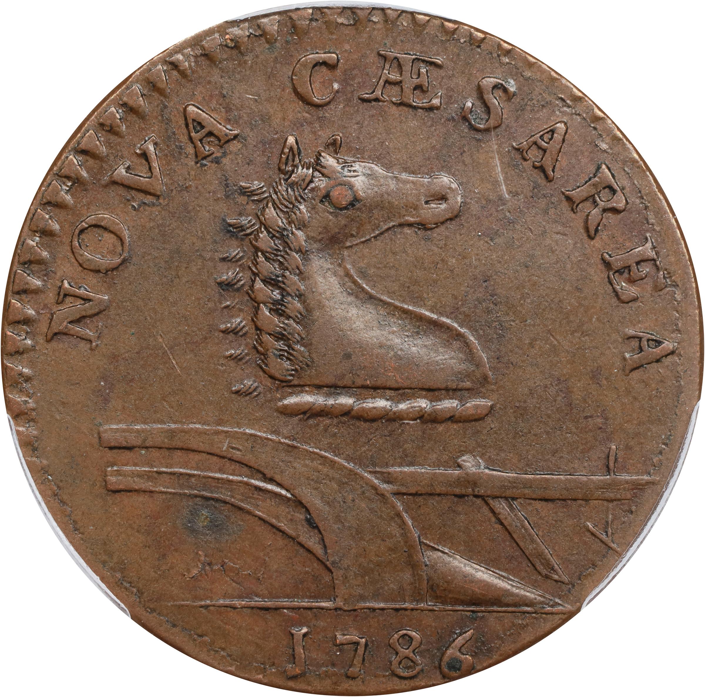 image for: 1786 New Jersey Copper. Maris 14-J, W-4810. Rarity-1. Straight Plow Beam, Stegosaurus Head. AU-58 (PCGS).