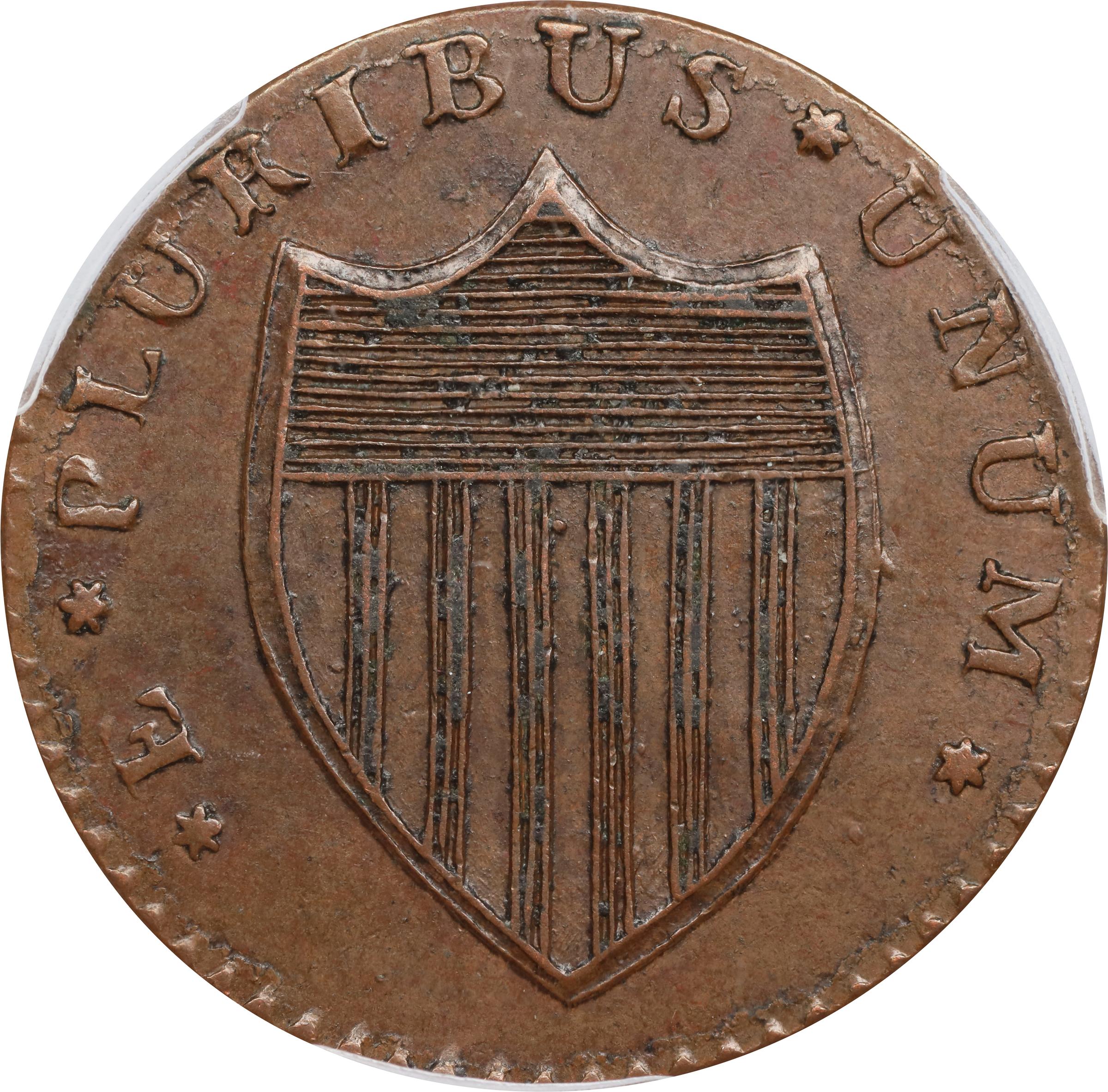 image for: 1786 New Jersey Copper. Maris 14-J, W-4810. Rarity-1. Straight Plow Beam, Stegosaurus Head. AU-58 (PCGS).