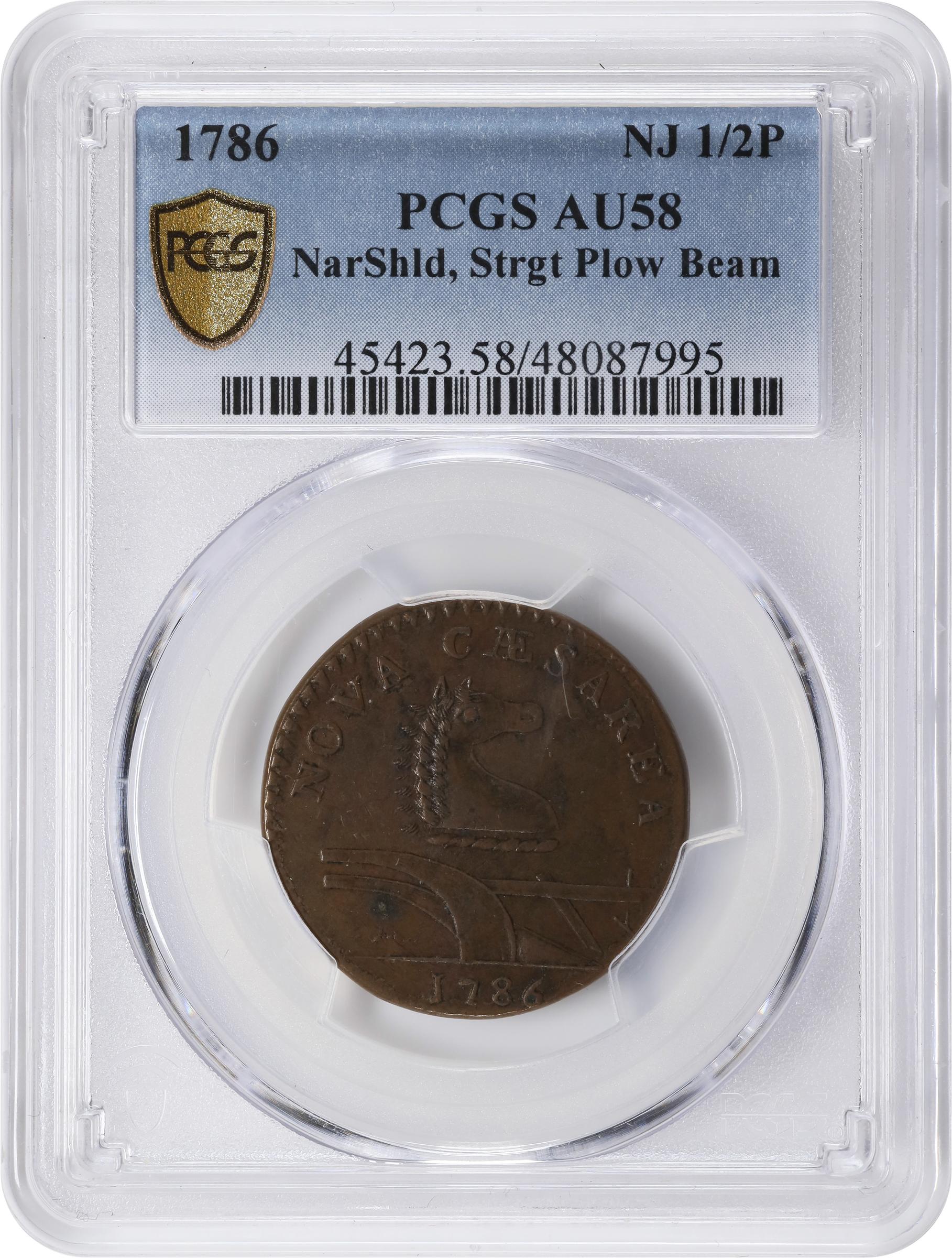 image for: 1786 New Jersey Copper. Maris 14-J, W-4810. Rarity-1. Straight Plow Beam, Stegosaurus Head. AU-58 (PCGS).