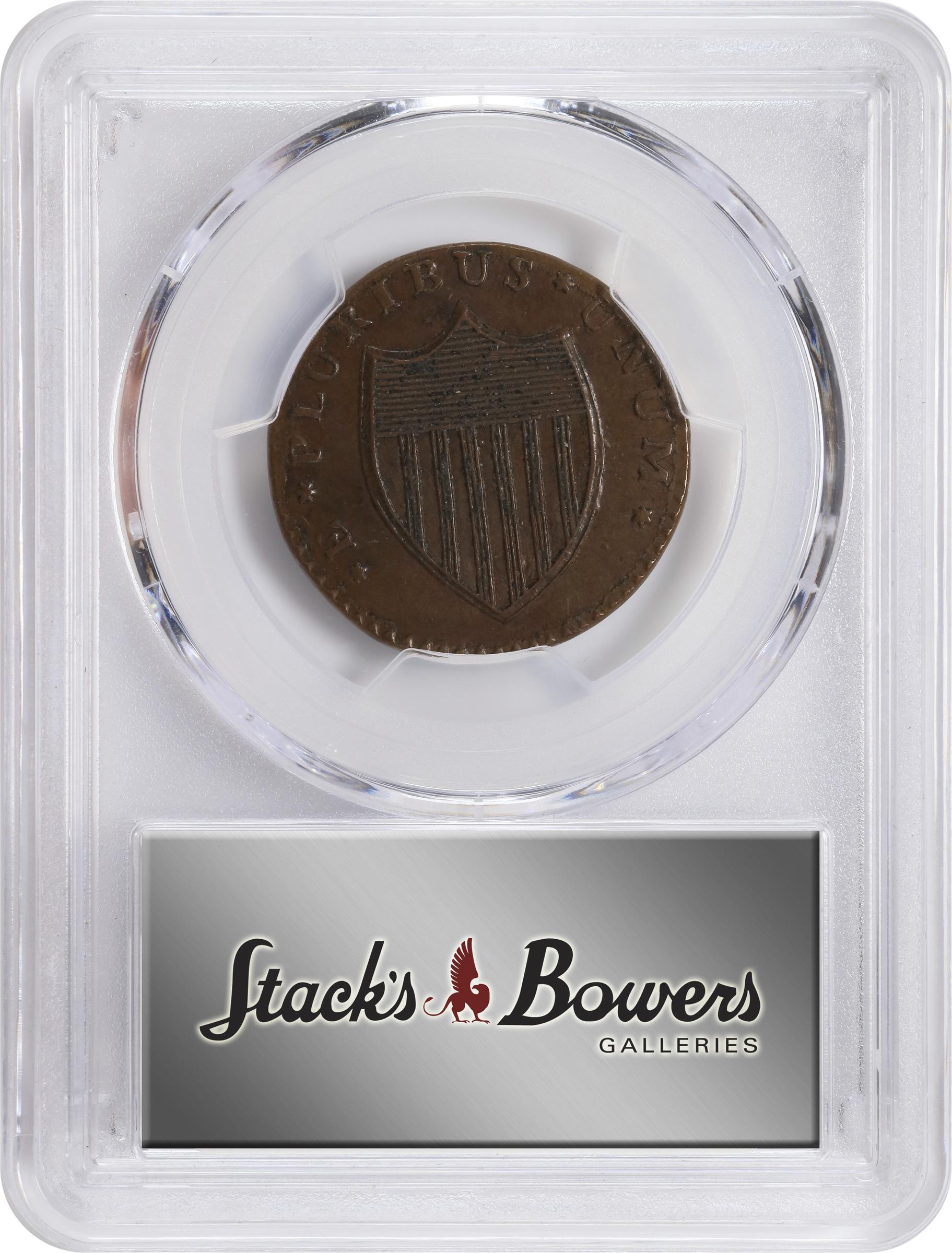 image for: 1786 New Jersey Copper. Maris 14-J, W-4810. Rarity-1. Straight Plow Beam, Stegosaurus Head. AU-58 (PCGS).