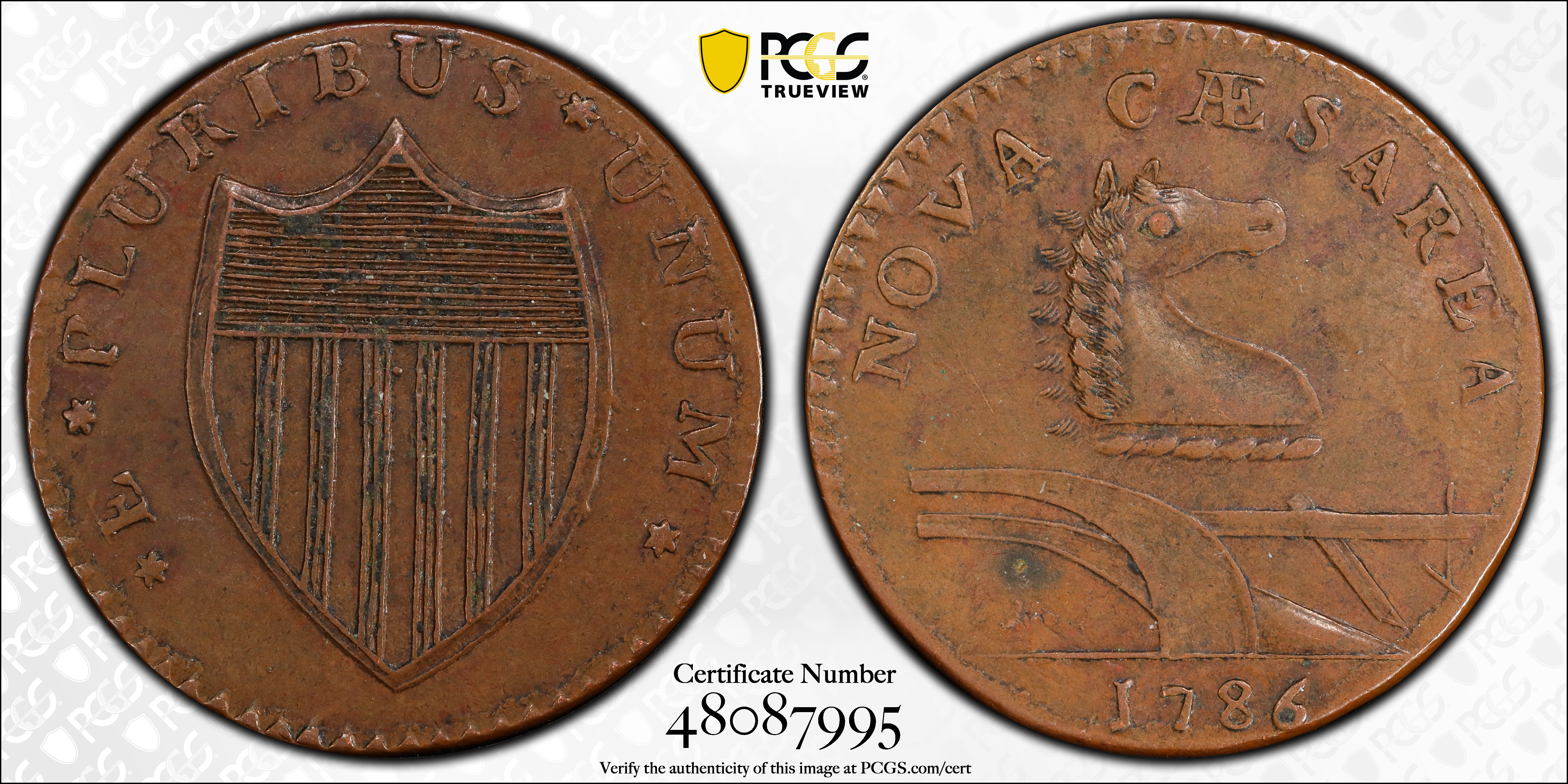 image for: 1786 New Jersey Copper. Maris 14-J, W-4810. Rarity-1. Straight Plow Beam, Stegosaurus Head. AU-58 (PCGS).