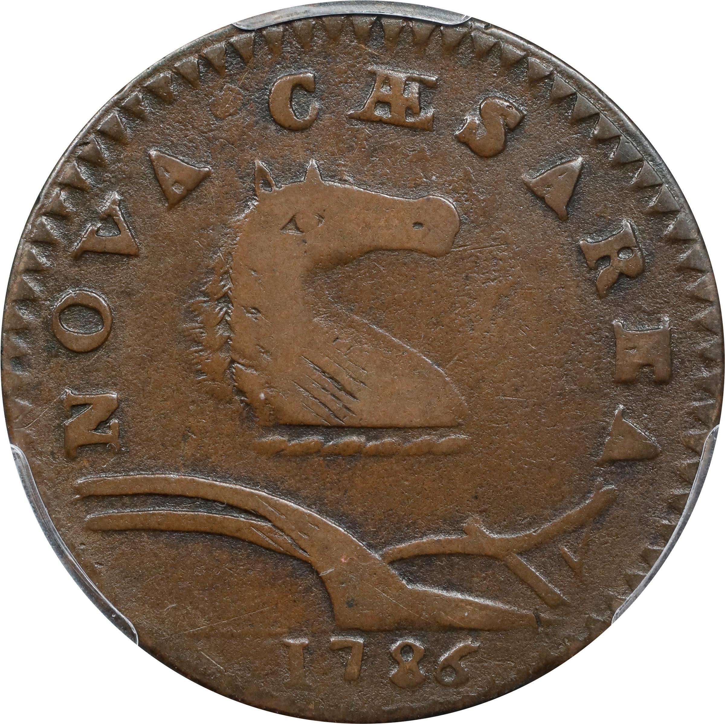 image for: 1786 New Jersey Copper. Maris 21-N, W-4910. Rarity-3. Curved Plow Beam, Mane Punch Before Ears, Wide Shield. VF-20 (PCGS).