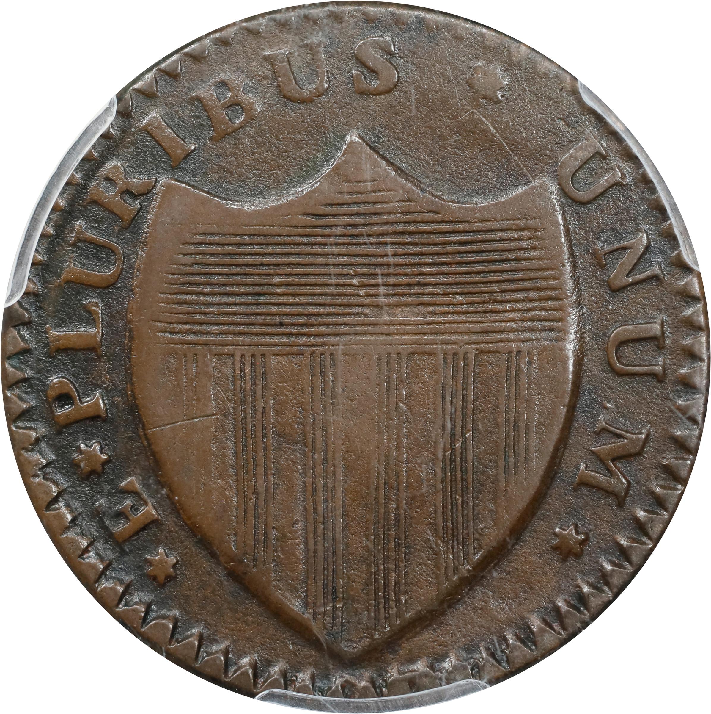image for: 1786 New Jersey Copper. Maris 21-N, W-4910. Rarity-3. Curved Plow Beam, Mane Punch Before Ears, Wide Shield. VF-20 (PCGS).