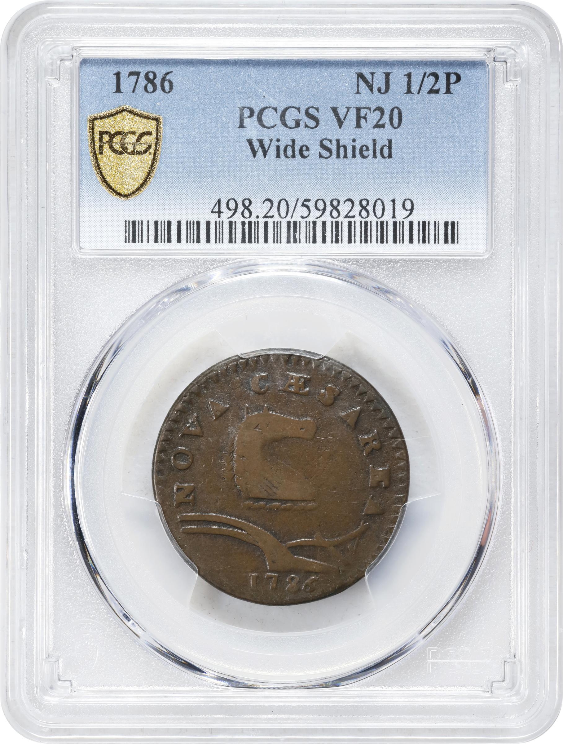 image for: 1786 New Jersey Copper. Maris 21-N, W-4910. Rarity-3. Curved Plow Beam, Mane Punch Before Ears, Wide Shield. VF-20 (PCGS).