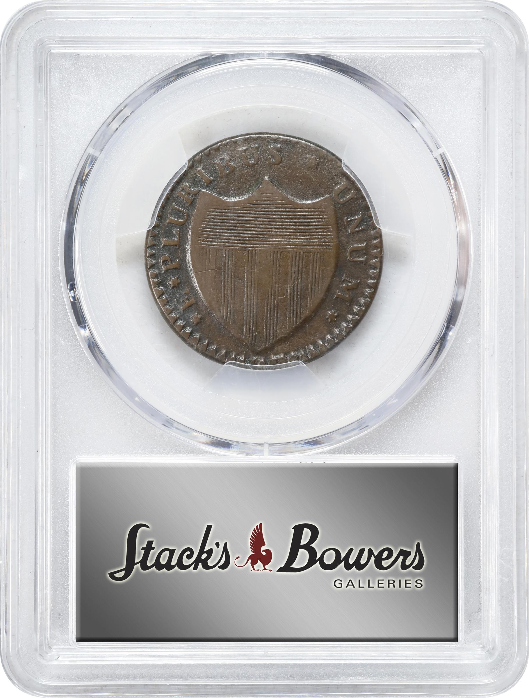 image for: 1786 New Jersey Copper. Maris 21-N, W-4910. Rarity-3. Curved Plow Beam, Mane Punch Before Ears, Wide Shield. VF-20 (PCGS).